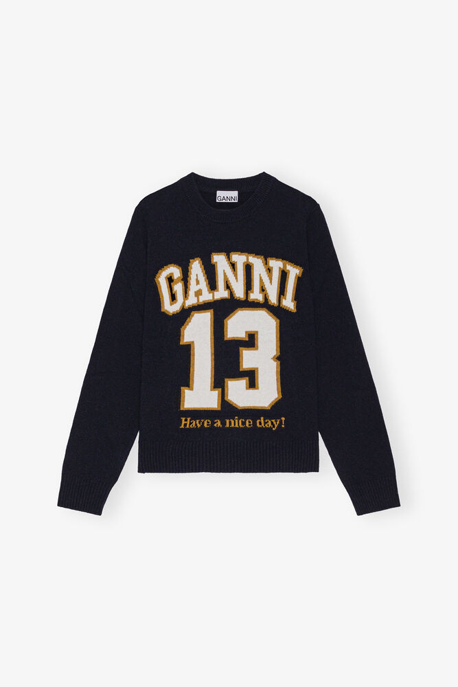 Dark Blue Graphic Wool Mix Baseball Sweater, Sky Captain
