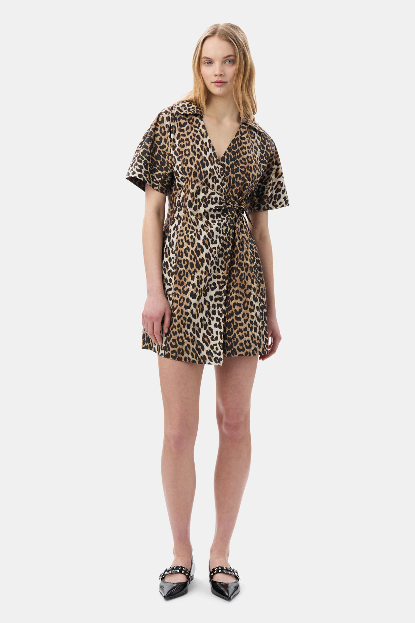 Leopard Printed Cotton Wrap Mini Dress, Cotton, in colour Leopard - 1 - GANNI