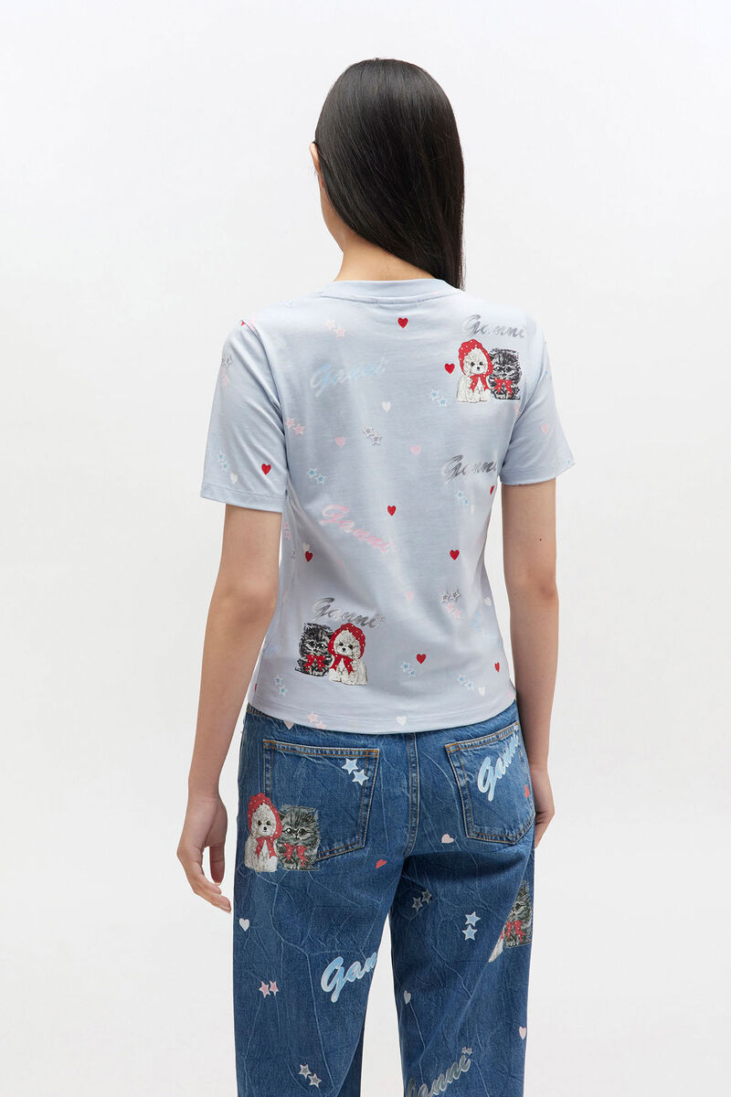 Grey Cropped Animal T-shirt, Cotton, in colour Soft Chambray - 3 - GANNI