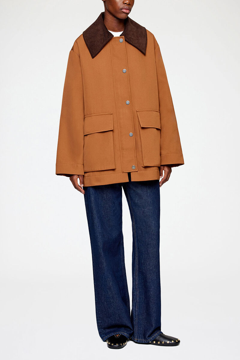 Jacket in Brown Twill, Recycled Polyester, in colour Cinnamon Swirl - 1 - GANNI