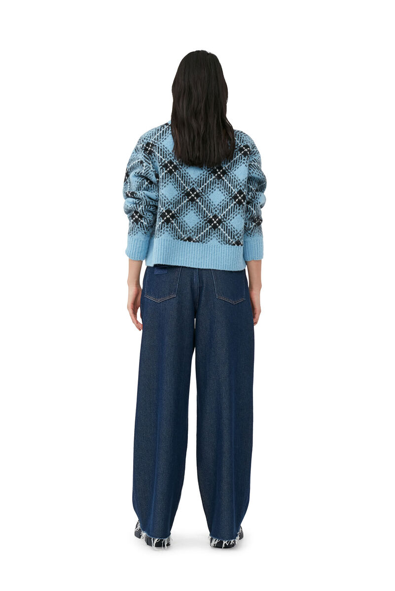 Blue Checkered Oversized Wool Pullover, Alpaca, in colour Silver Lake Blue - 3 - GANNI