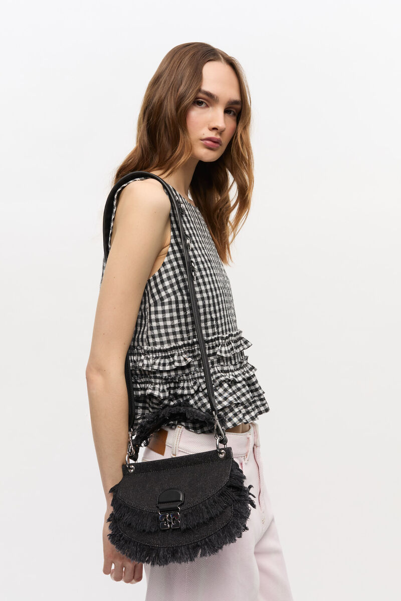 Black Denim Mini Top Handle Apo-G Bag, Recycled Cotton, in colour Black - 2 - GANNI