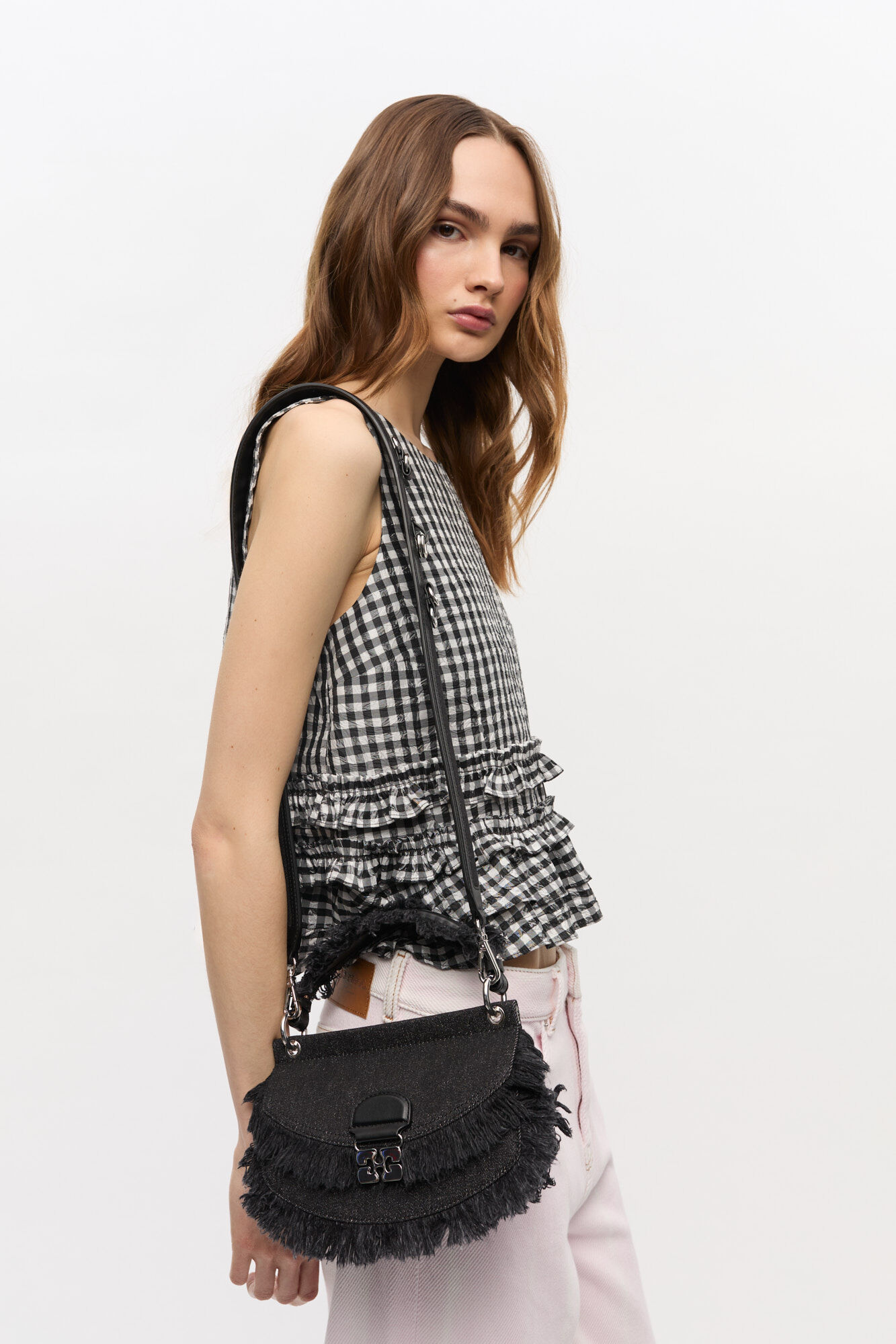 Black Denim Mini Top Handle Apo-G Bag, Recycled Cotton, in colour Black - 2 - GANNI