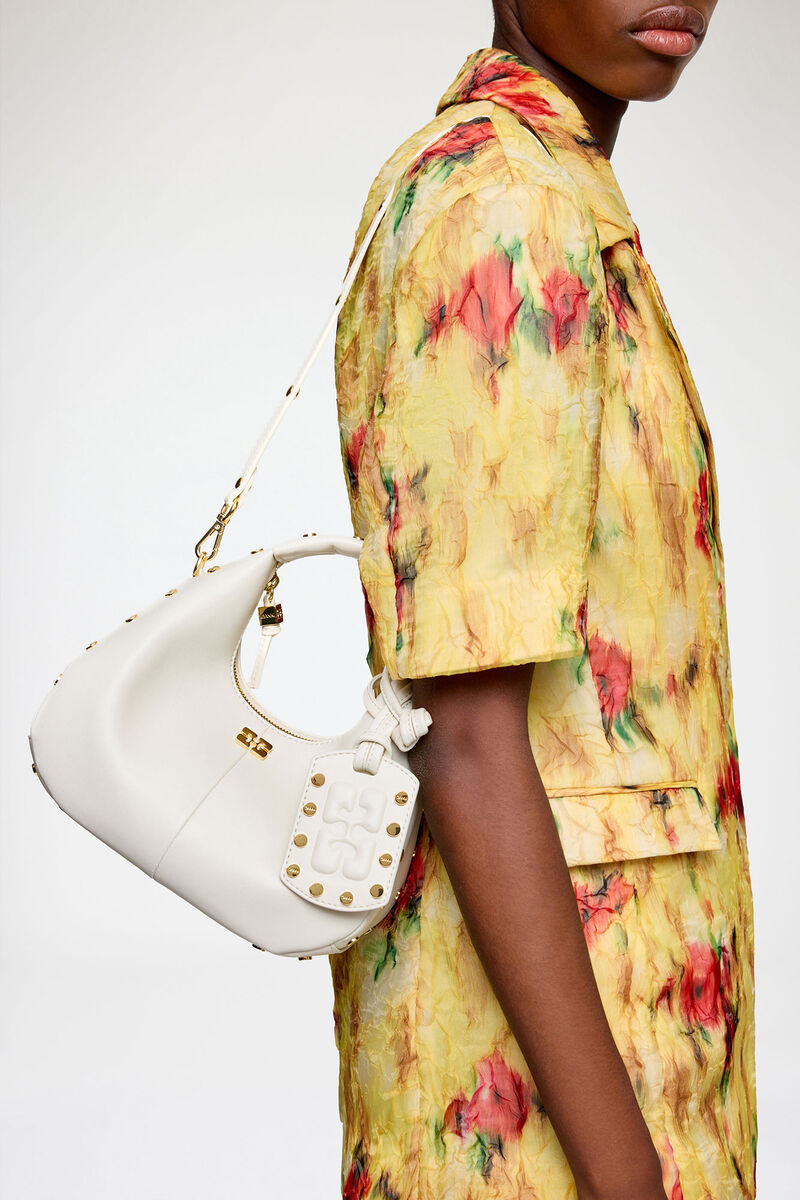 Mini Hobo Bag Studs in White, Recycled Leather, in colour Egret - 5 - GANNI