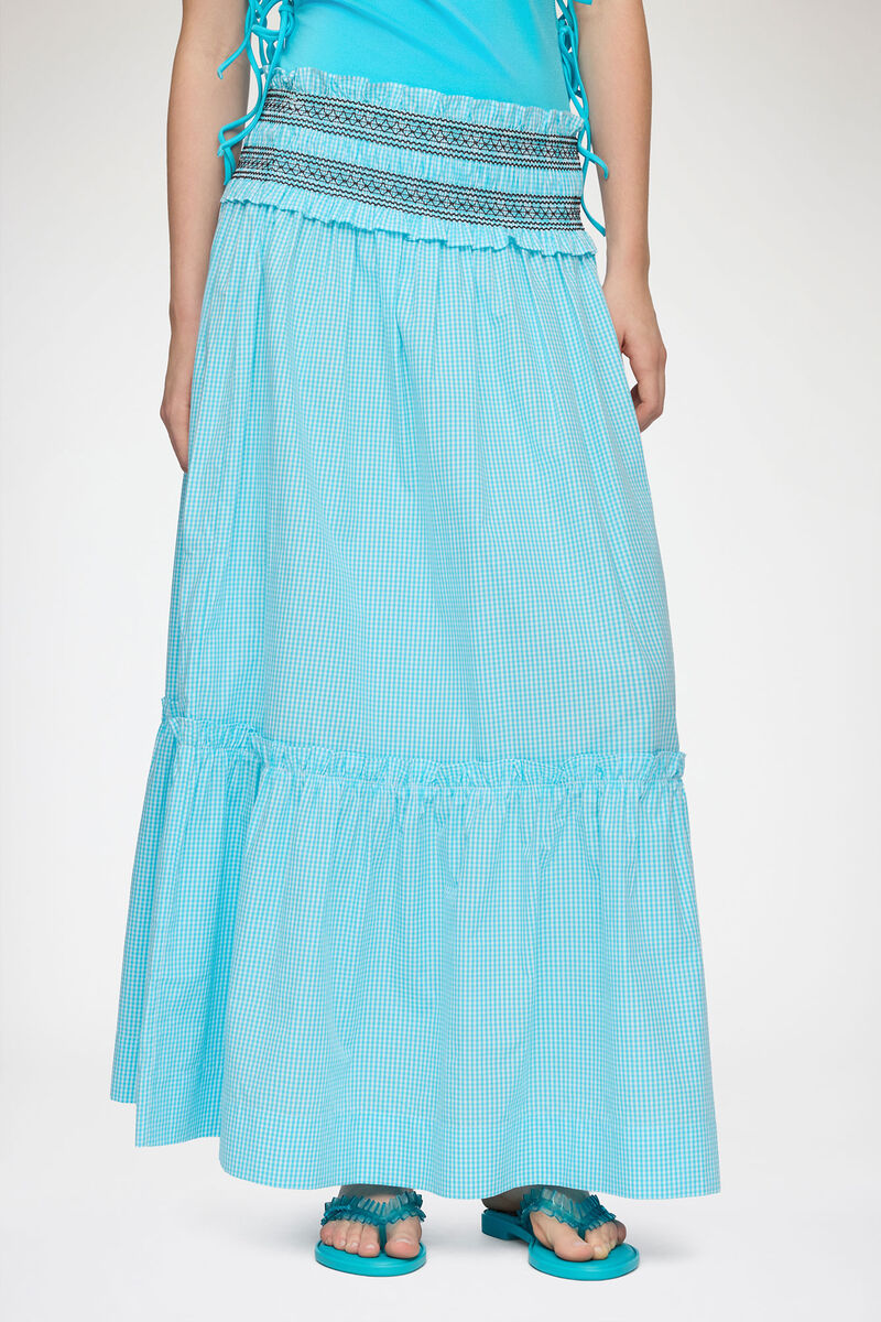 Skirt in Blue Check, Organic Cotton, in colour Blue Curacao - 2 - GANNI
