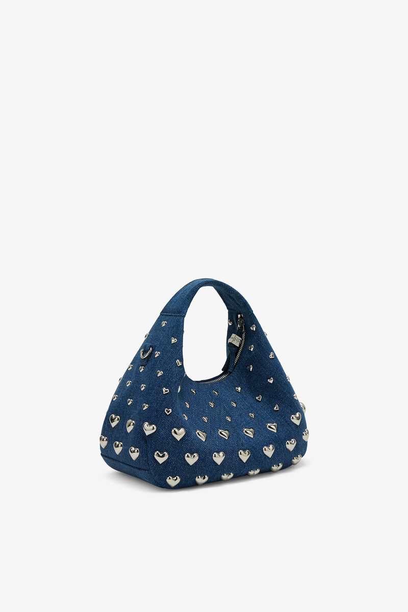 Denim Stud Mini Hobo Bag, Recycled Cotton, in colour Navy Peony - 2 - GANNI