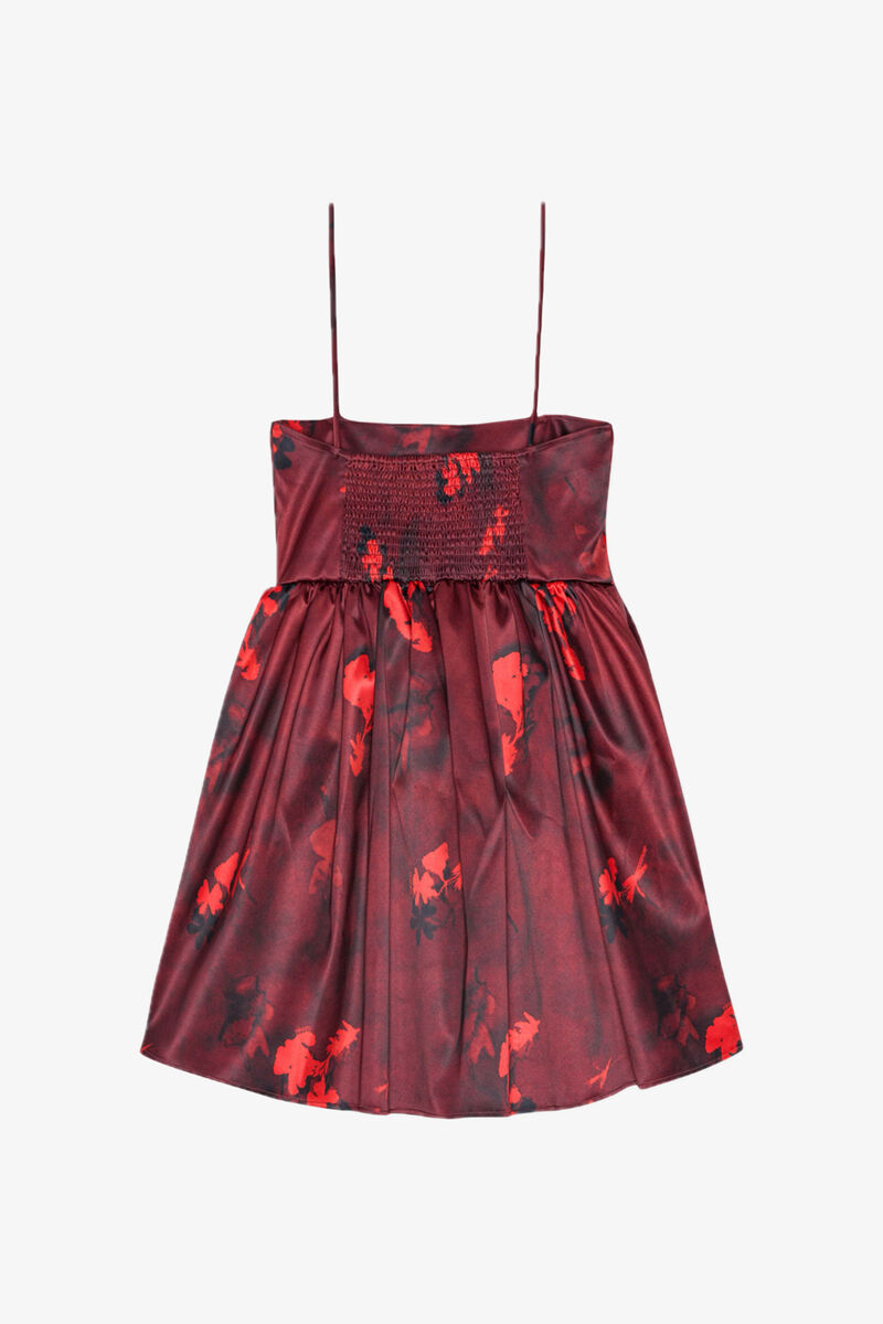 Red Floral Print Satin Strap Mini Dress, Elastane, in colour Winery - 2 - GANNI