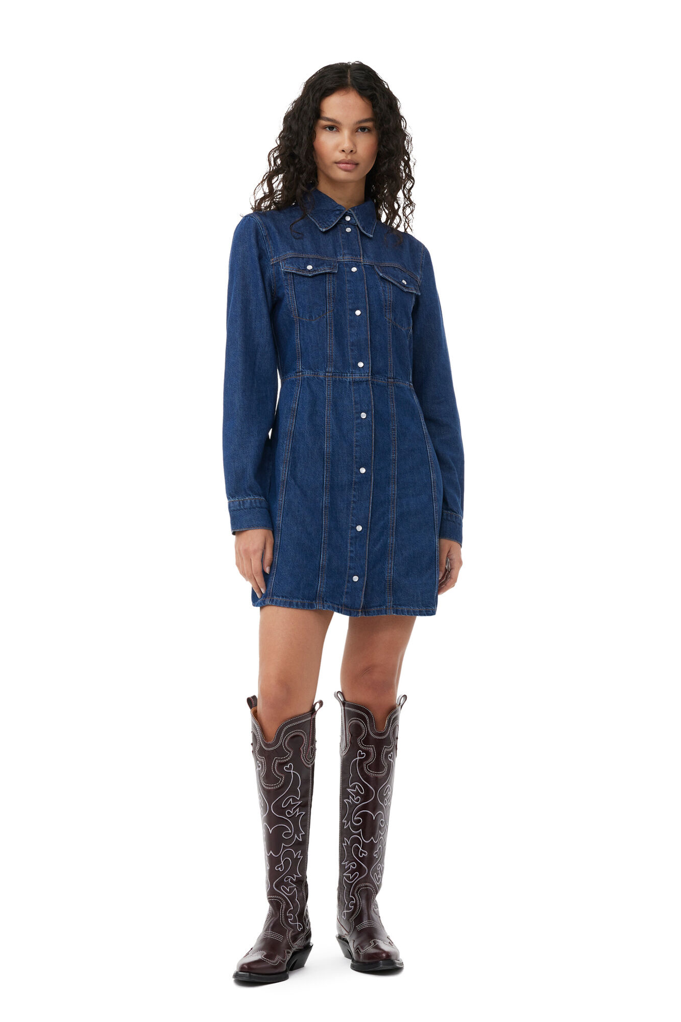 Re-Cut Denim Mini Dress, Lyocell, in colour Mid Blue Stone - 1 - GANNI