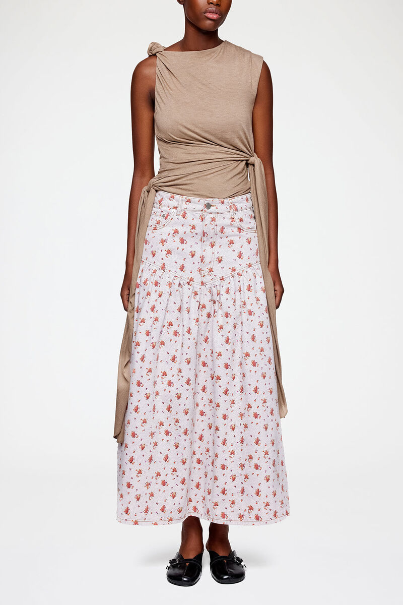 Skirt in Printed Denim, Organic Cotton, in colour Peachskin - 1 - GANNI