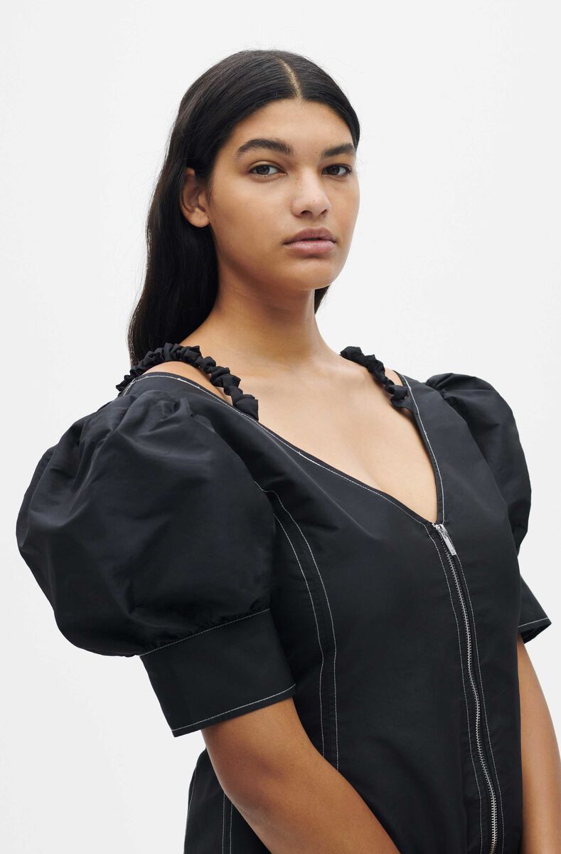 Open V-Neck Mini Dress, Polyester, in colour Black - 3 - GANNI