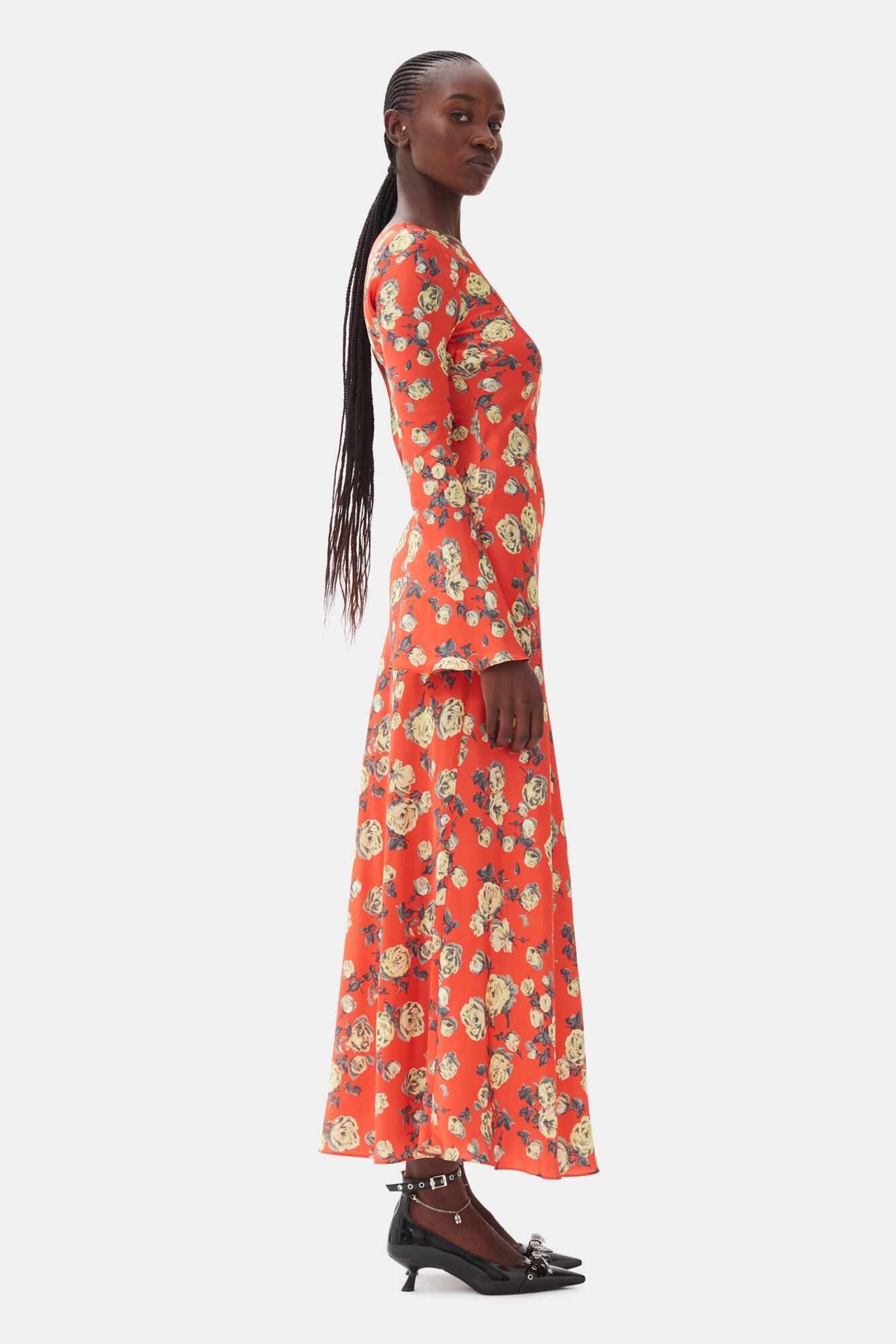 Orange Floral Printed Satin Maxi Dress, Spandex, in colour Poinciana - 3 - GANNI