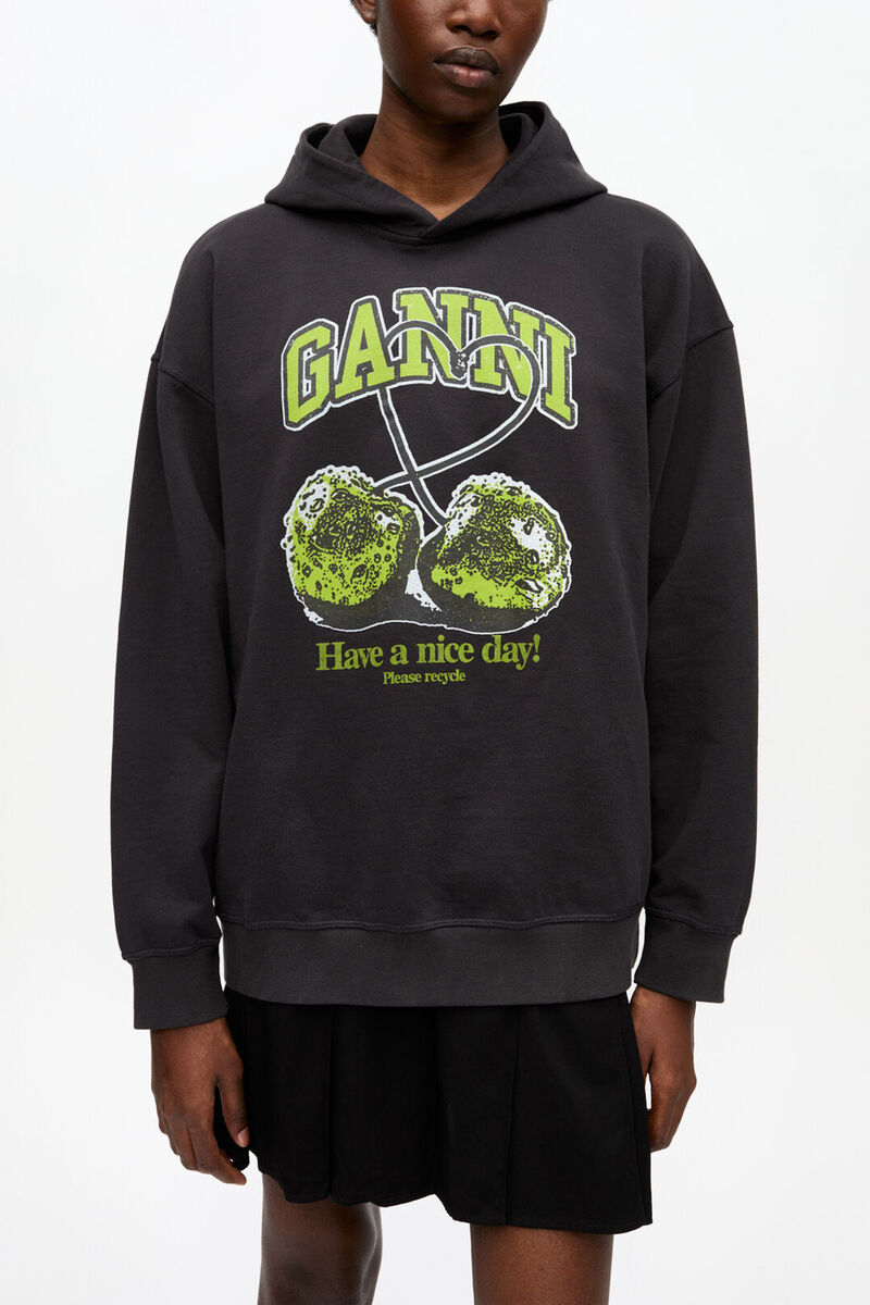 Black Isoli Cherries Oversized Hoodie, Organic Cotton, in colour Phantom - 1 - GANNI