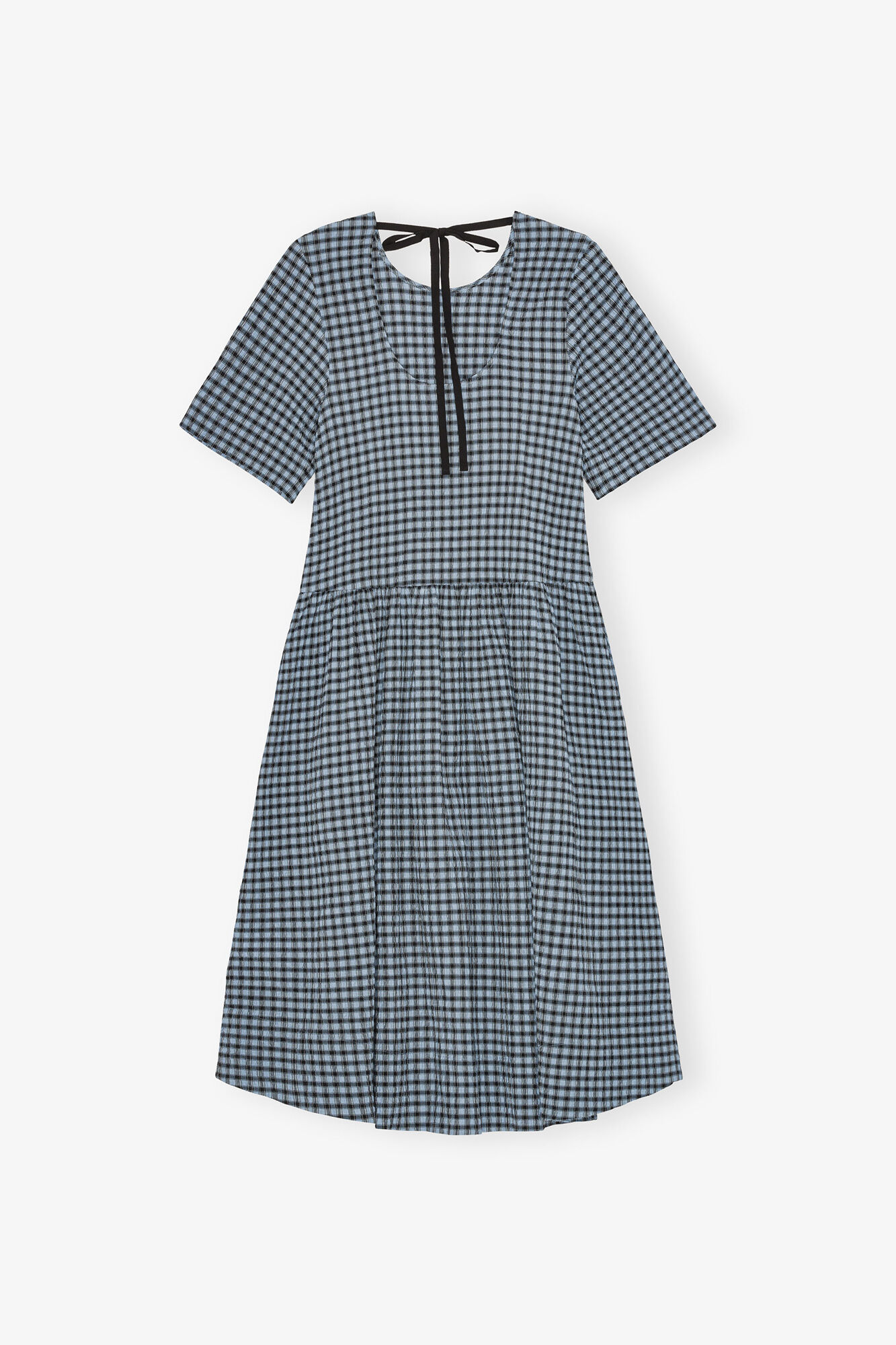 Blue Seersucker Check Midi Dress, Organic Cotton, in colour Soft Chambray - 2 - GANNI