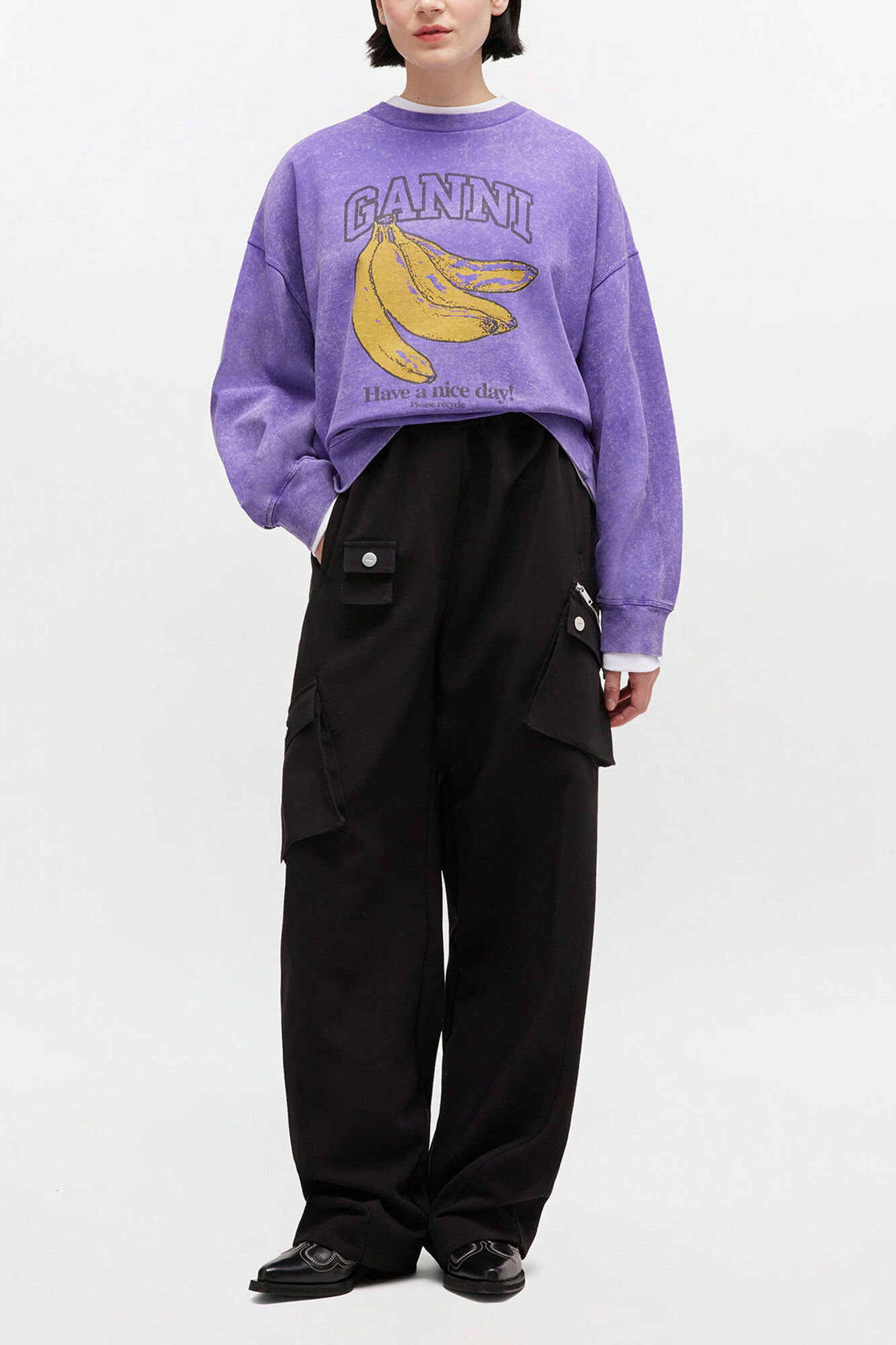 Vintagetv&auml;ttad sweatshirt, Organic Cotton, in colour Passion Flower - 2 - GANNI