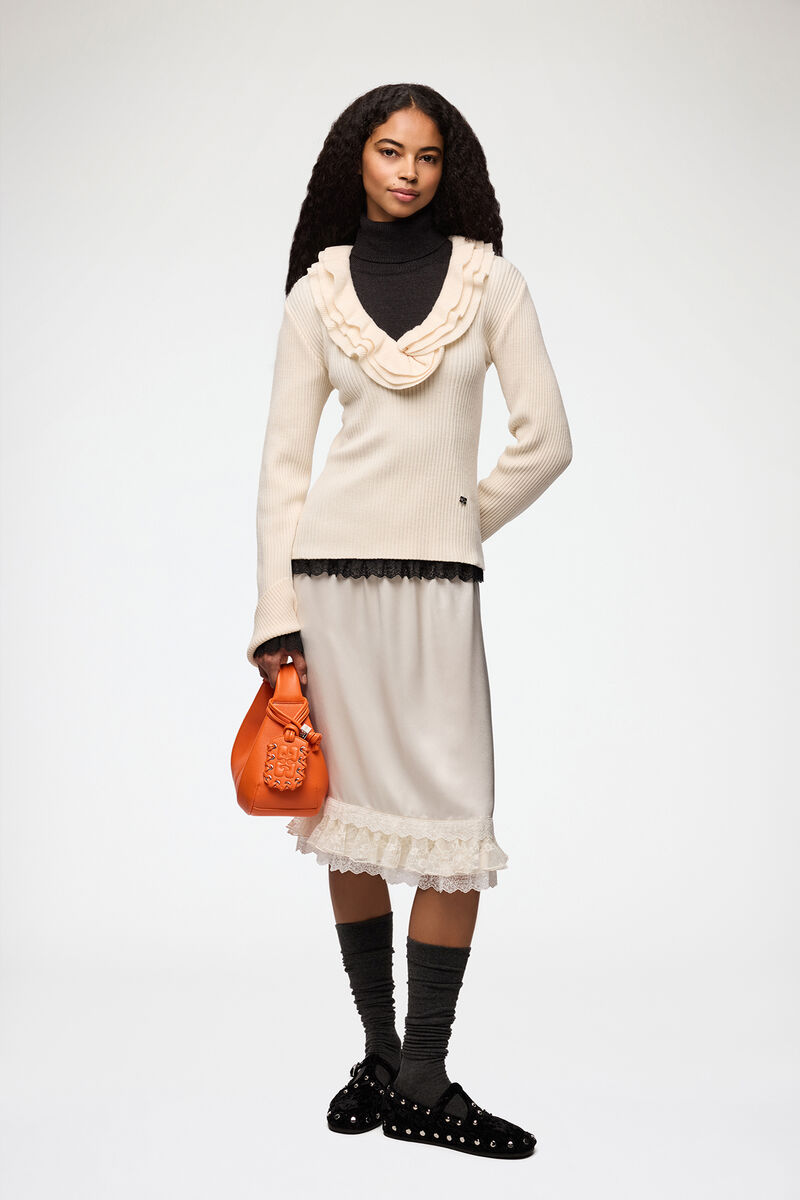 Top in Ribbed Merino, Merino Wool, in colour Egret - 2 - GANNI