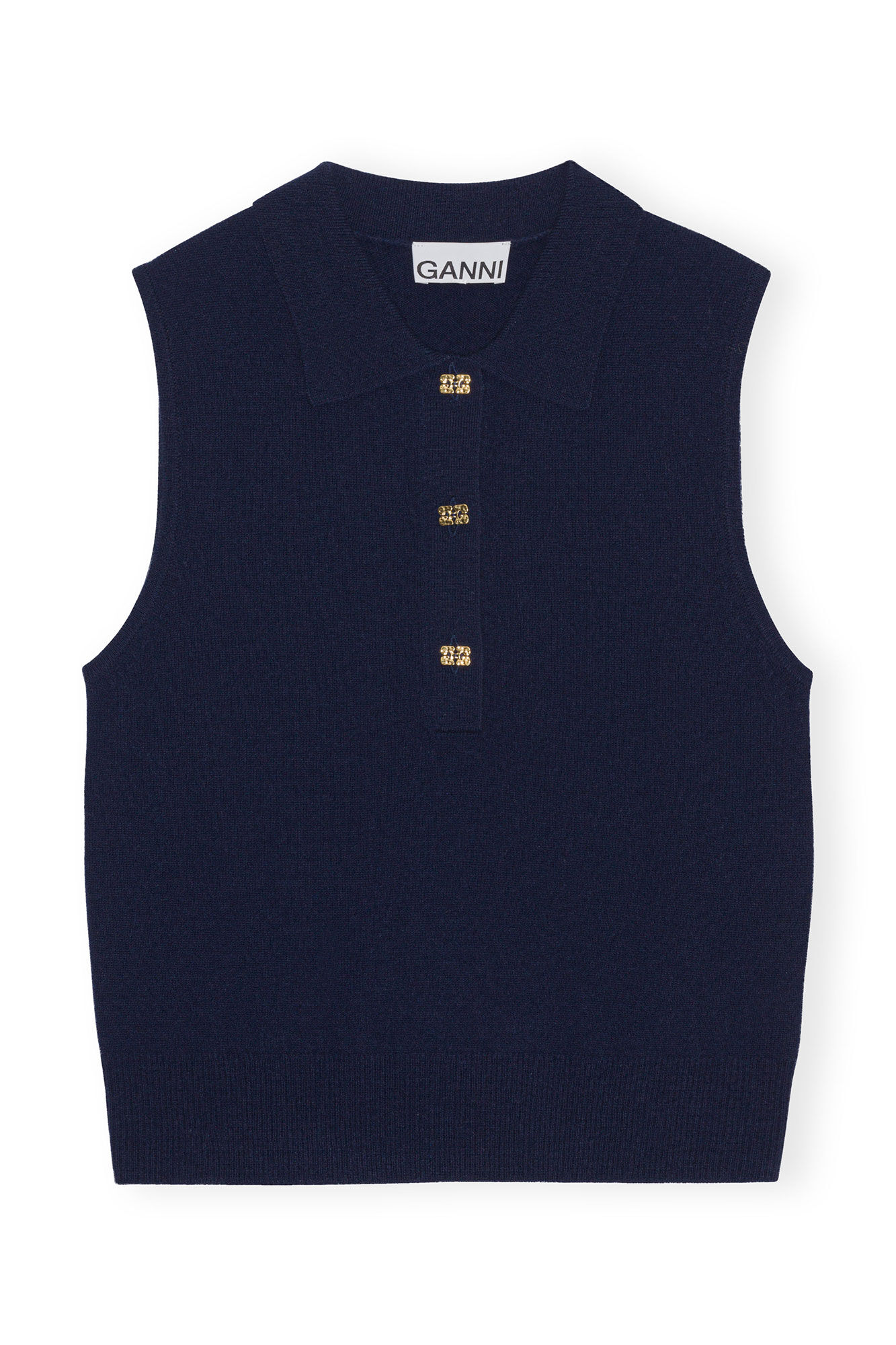 Blue Cashmere Sleeveless Polo, Cashmere, in colour Sky Captain - 1 - GANNI