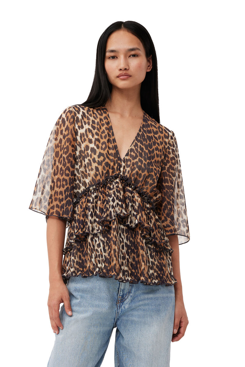 Leopard Pleated Georgette V-neck Flounce Blouse, Recycled Polyester, in colour Almond Milk - 1 - GANNI