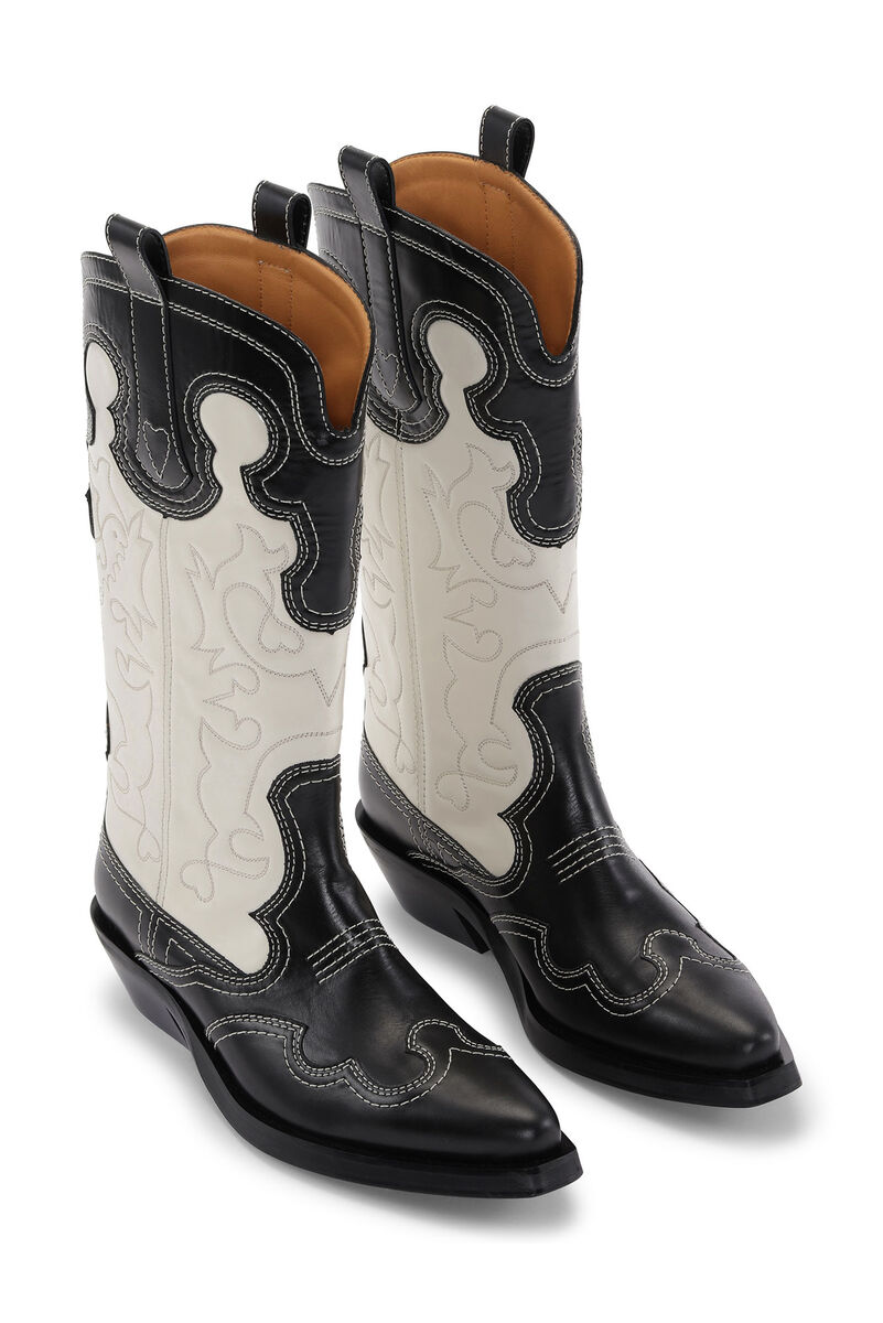 Mid Shaft Embroidered Western Boots, Calf Leather, in colour Black/Egret - 3 - GANNI