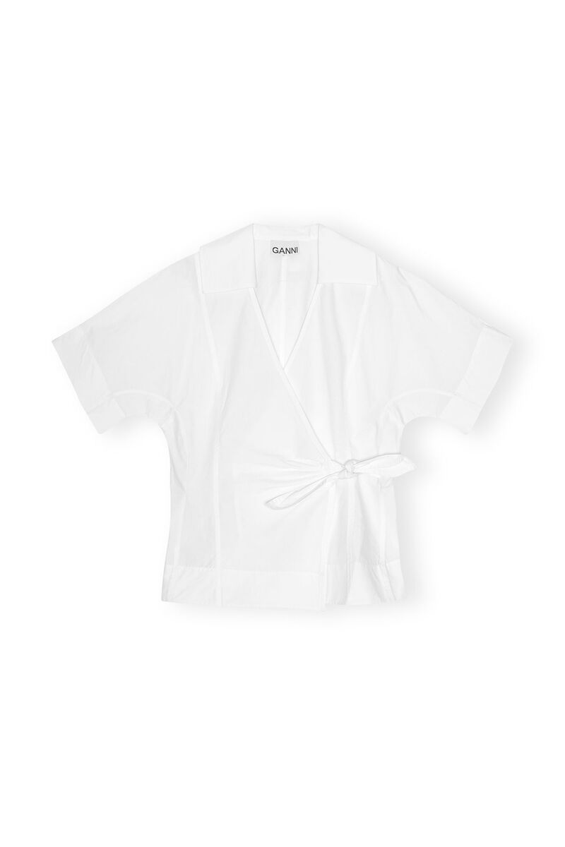 White Cotton Poplin Wrap Bluse, Cotton, in colour Bright White - 1 - GANNI