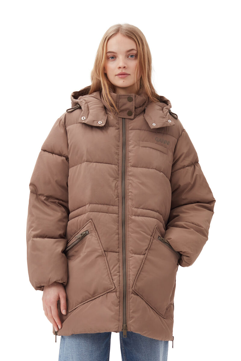 Tech-Puffer-Midi-Jacke mit Oversize-Passform, Recycled Polyester, in colour Fossil - 1 - GANNI
