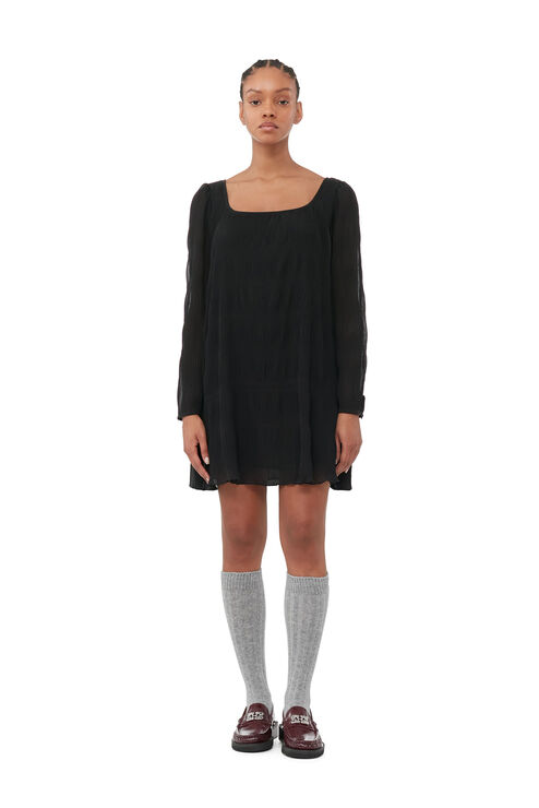 Shop Ganni Long Sleeve Pleated Georgette Mini Dress In Black