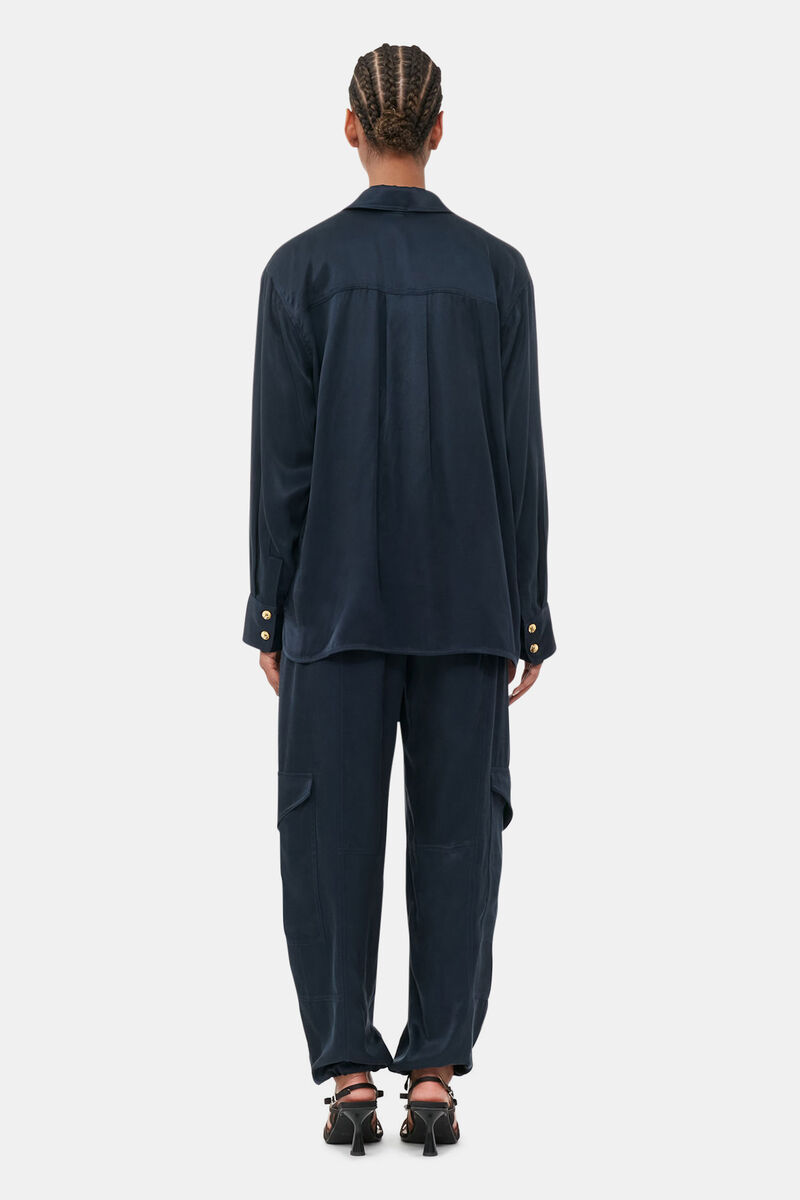 Blue Washed Satin Trousers, Cupro, in colour Sky Captain - 3 - GANNI