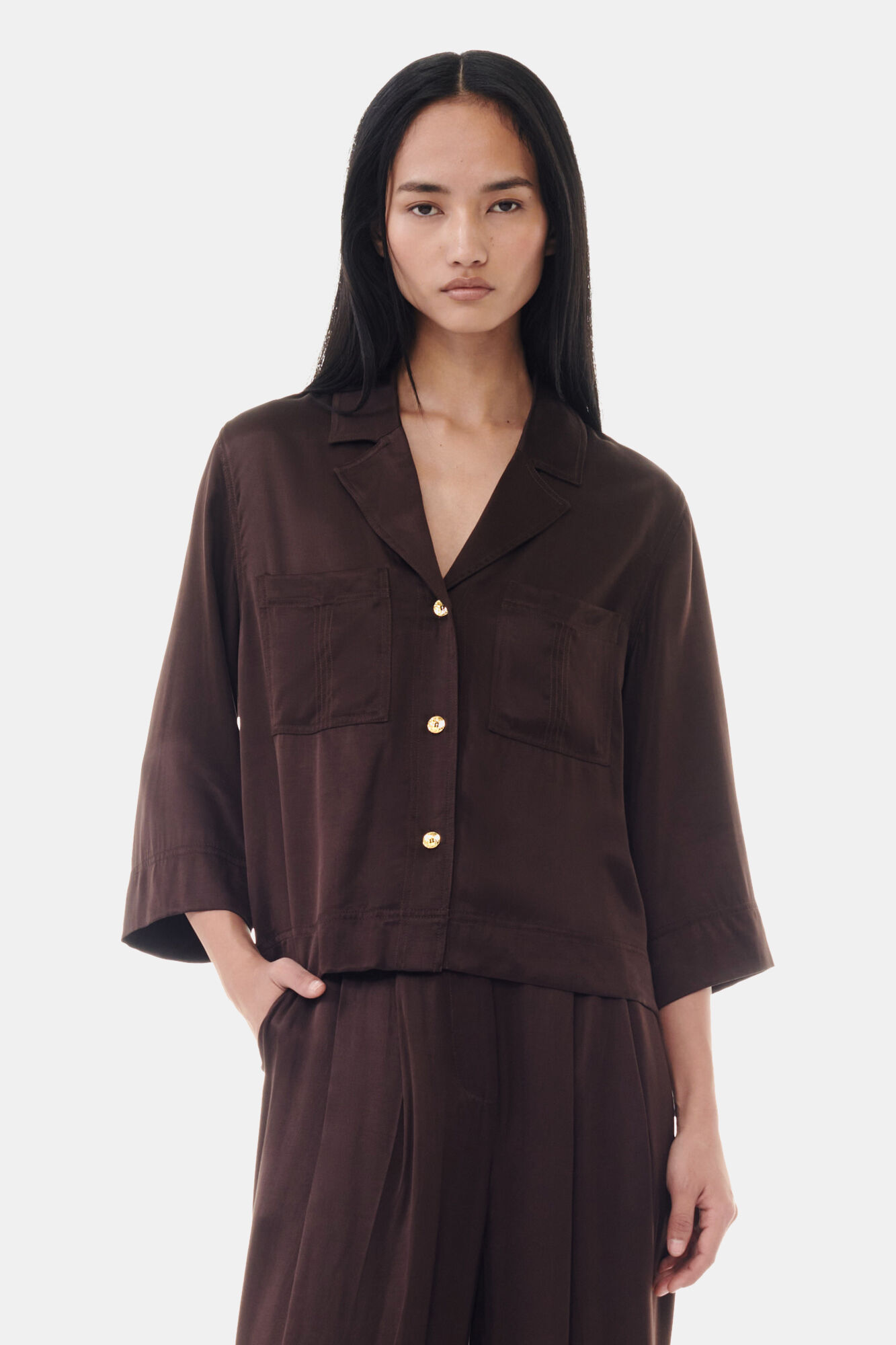 Mole Brown Washed Satin Crop Shirt | GANNI UK