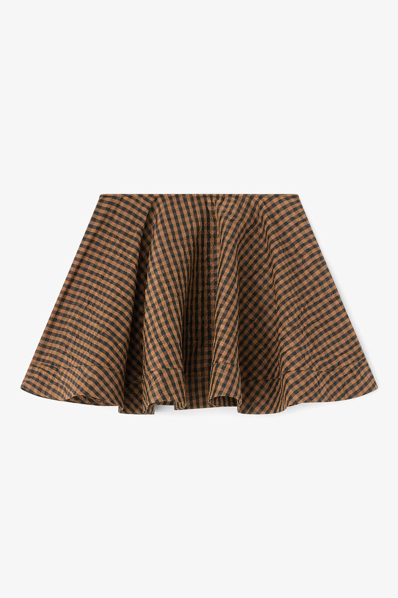 Crinkled Check Mini Circle Skirt, in colour Tobacco Brown - 1 - GANNI