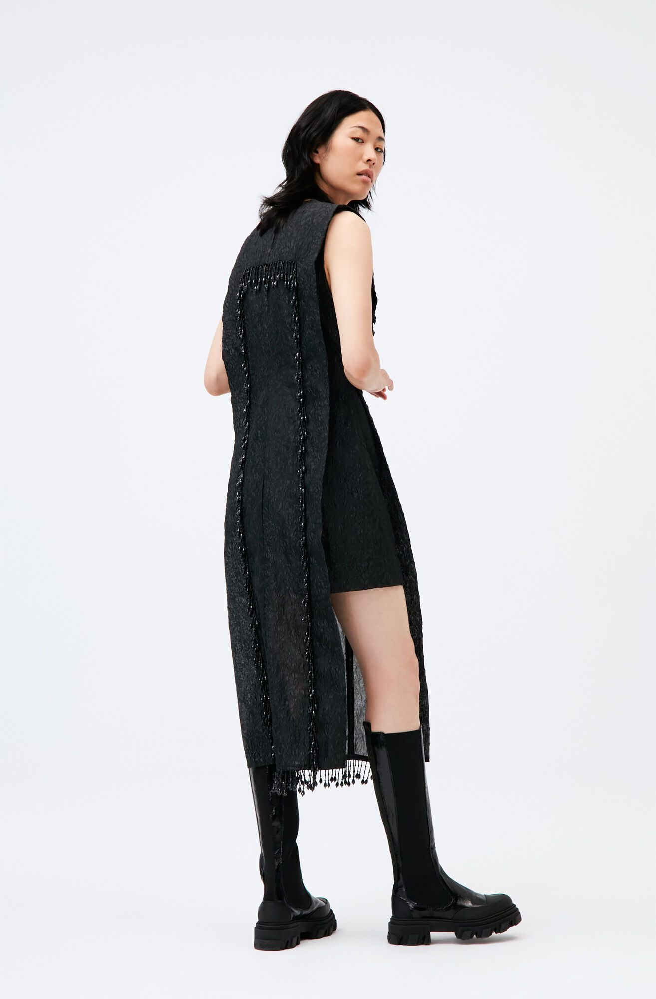 Jacquard Organza Fringe Sleeveless Two Layer Dress, Nylon, in colour Black - 2 - GANNI