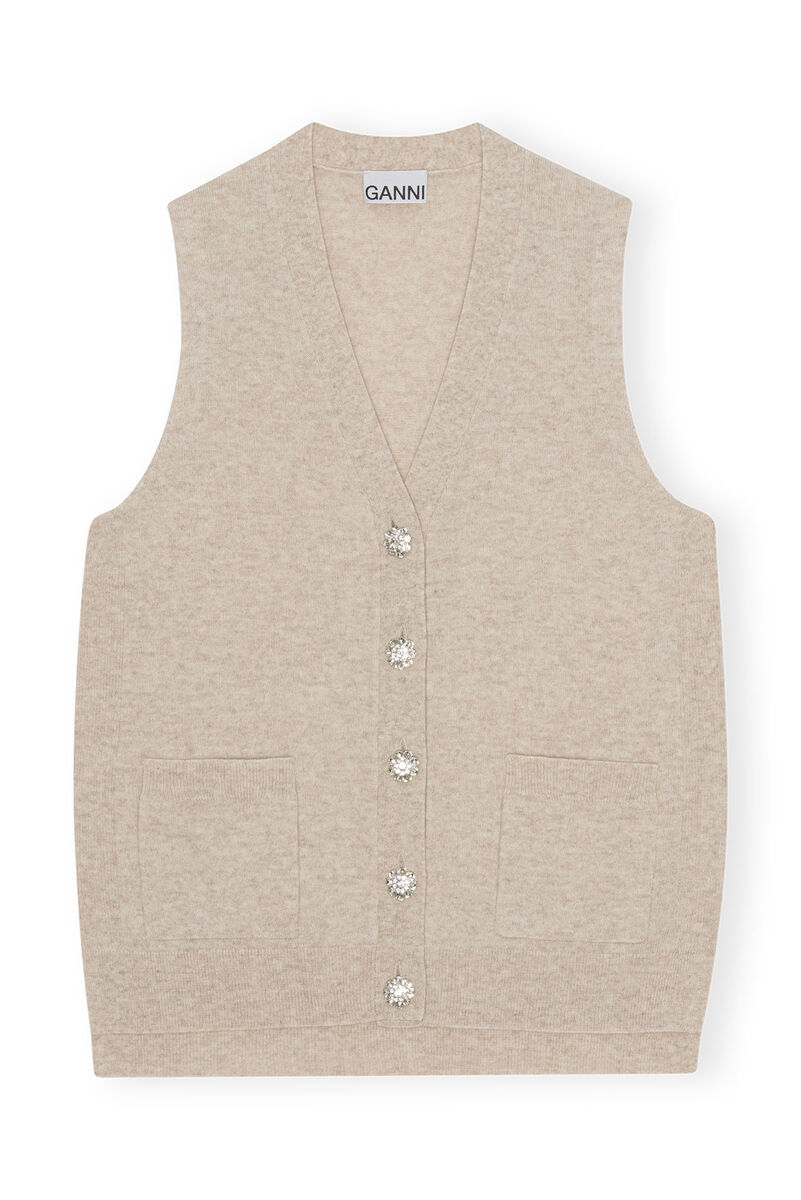 Cashmere Mix Button Vest, Cashmere, in colour Oyster Gray - 1 - GANNI