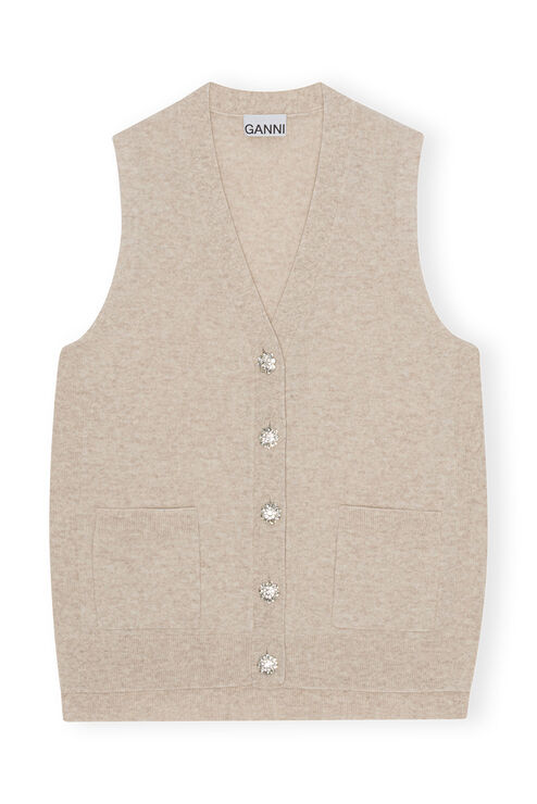 Ganni Sleeveless Cashmere Mix Button Waistcoat In Oyster Grey