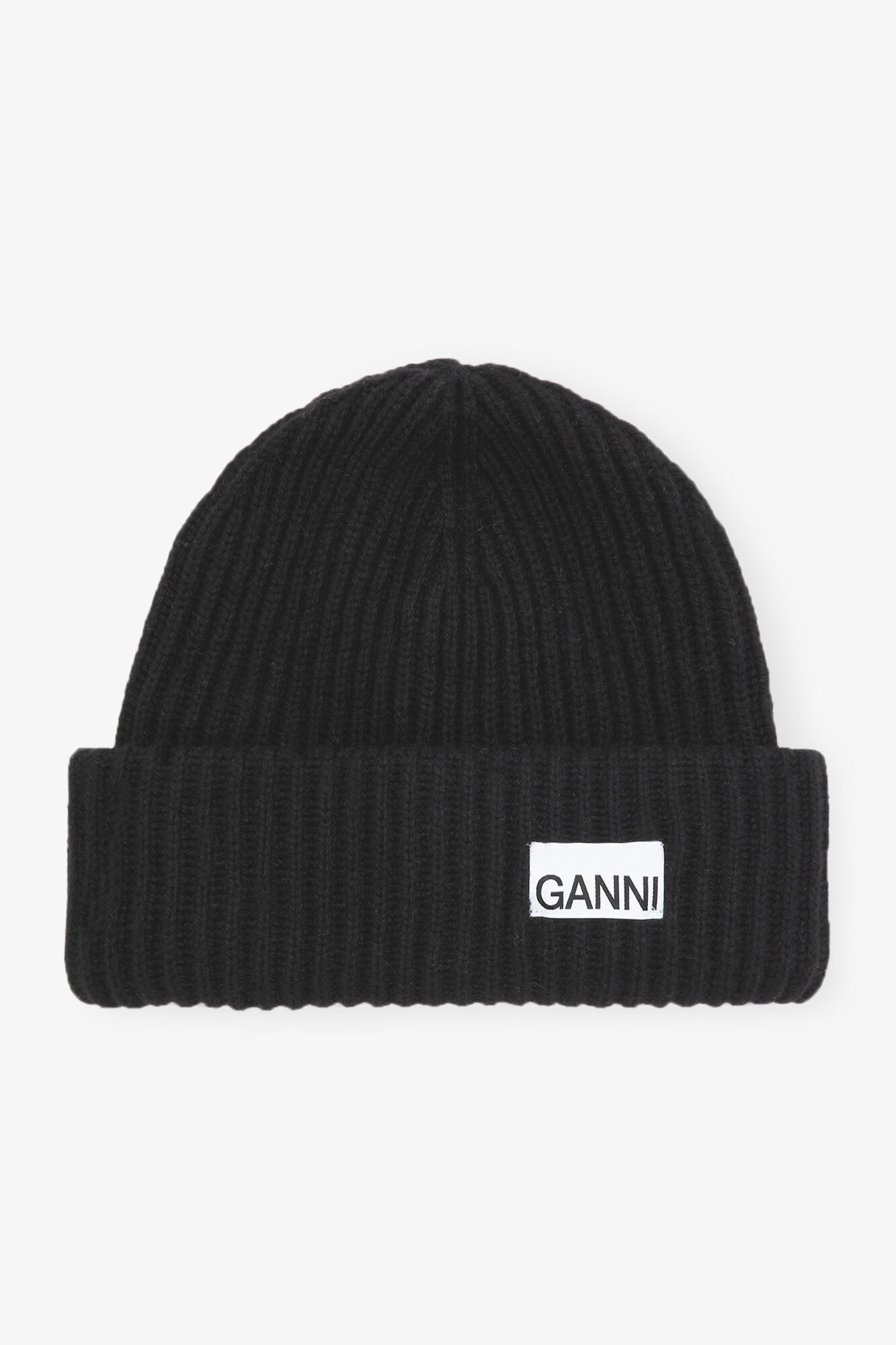 Oversized Wool Rib Knit Beanie, Wool, in colour Black - 1 - GANNI