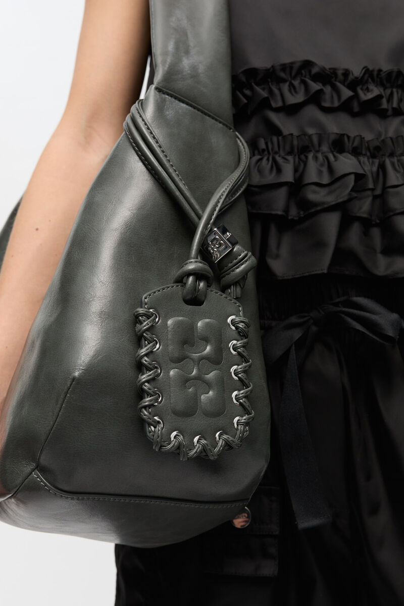 Steal Grey Medium Hobo Bag, Recycled Leather, in colour Steal Grey - 2 - GANNI