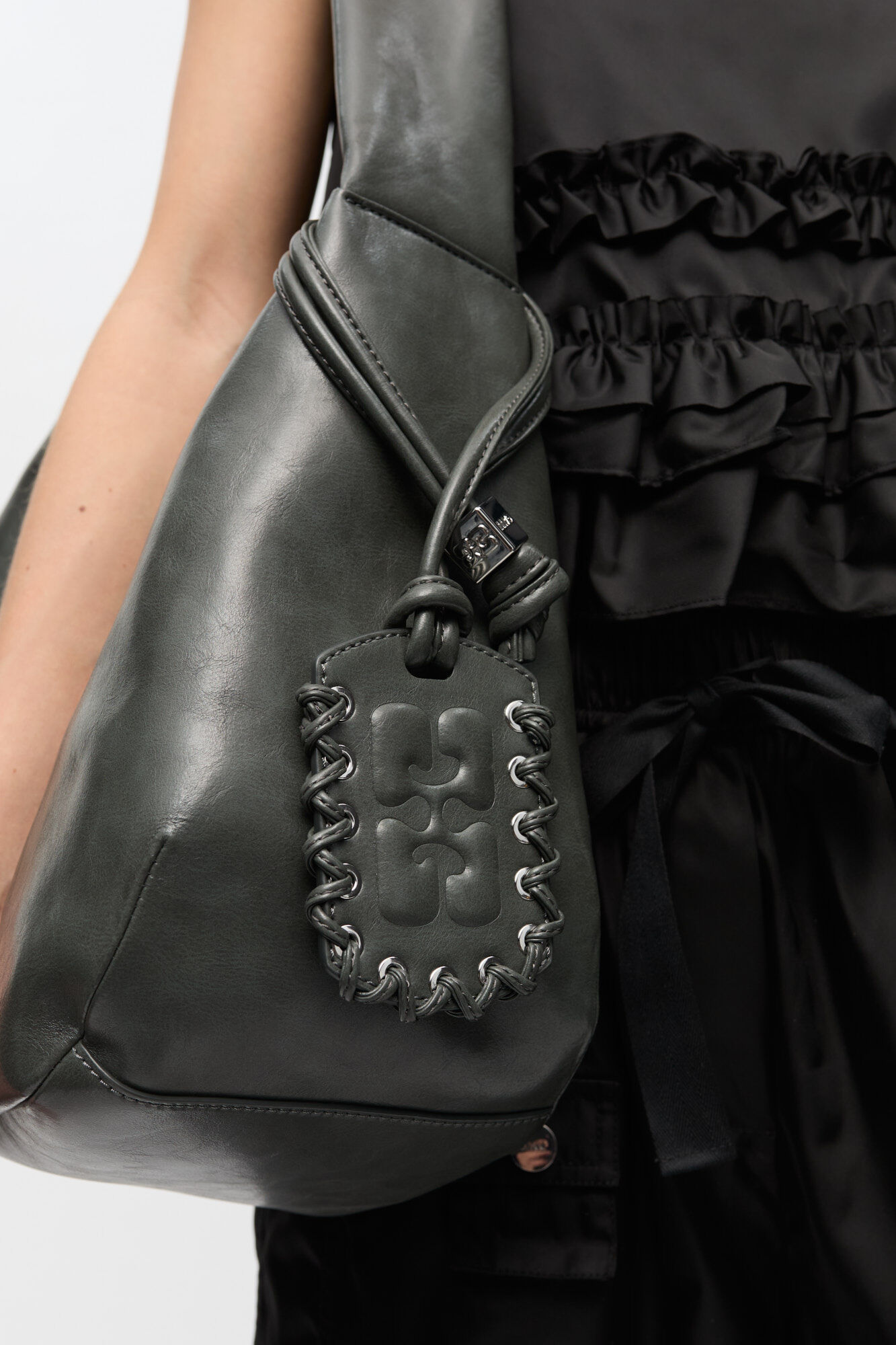 Steal Grey Medium Hobo Bag, Recycled Leather, in colour Steal Grey - 2 - GANNI