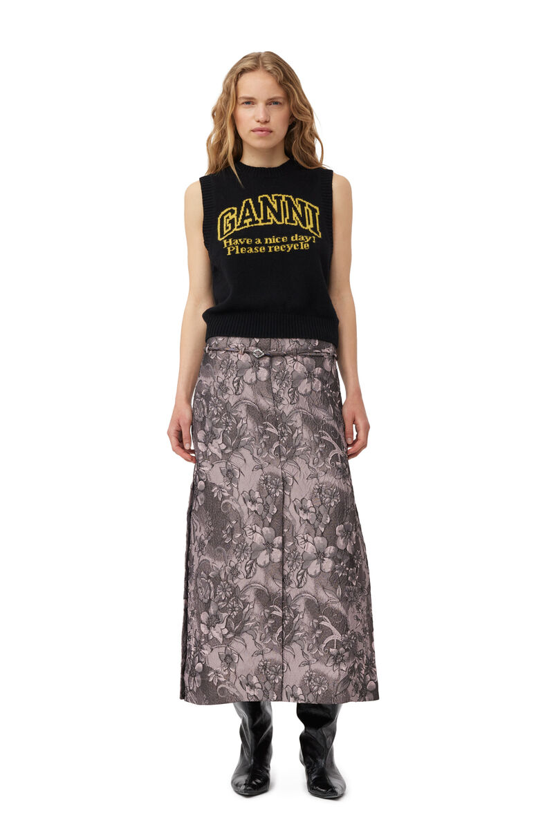 Rippled Jacquard Long Slit Skirt, Elastane, in colour Black Lotus - 1 - GANNI