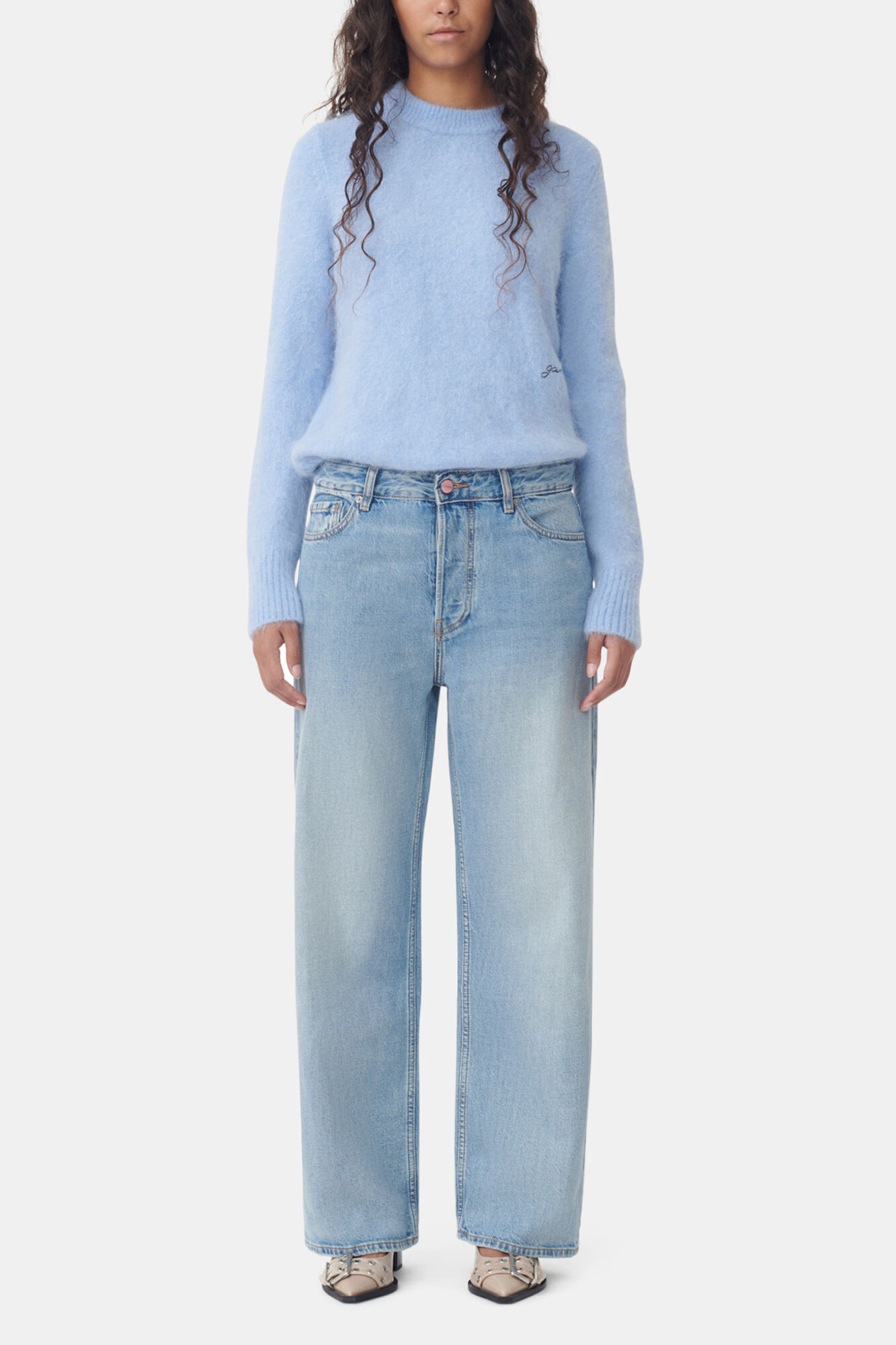 Izey Jeans in Light Blue Denim, Organic Cotton, in colour Light Blue Vintage - 1 - GANNI