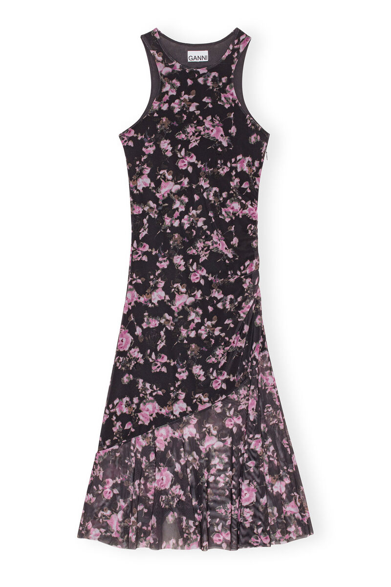 Black Floral Printed Mesh Sleeveless Midi Dress, Recycled Nylon, in colour Phantom - 1 - GANNI