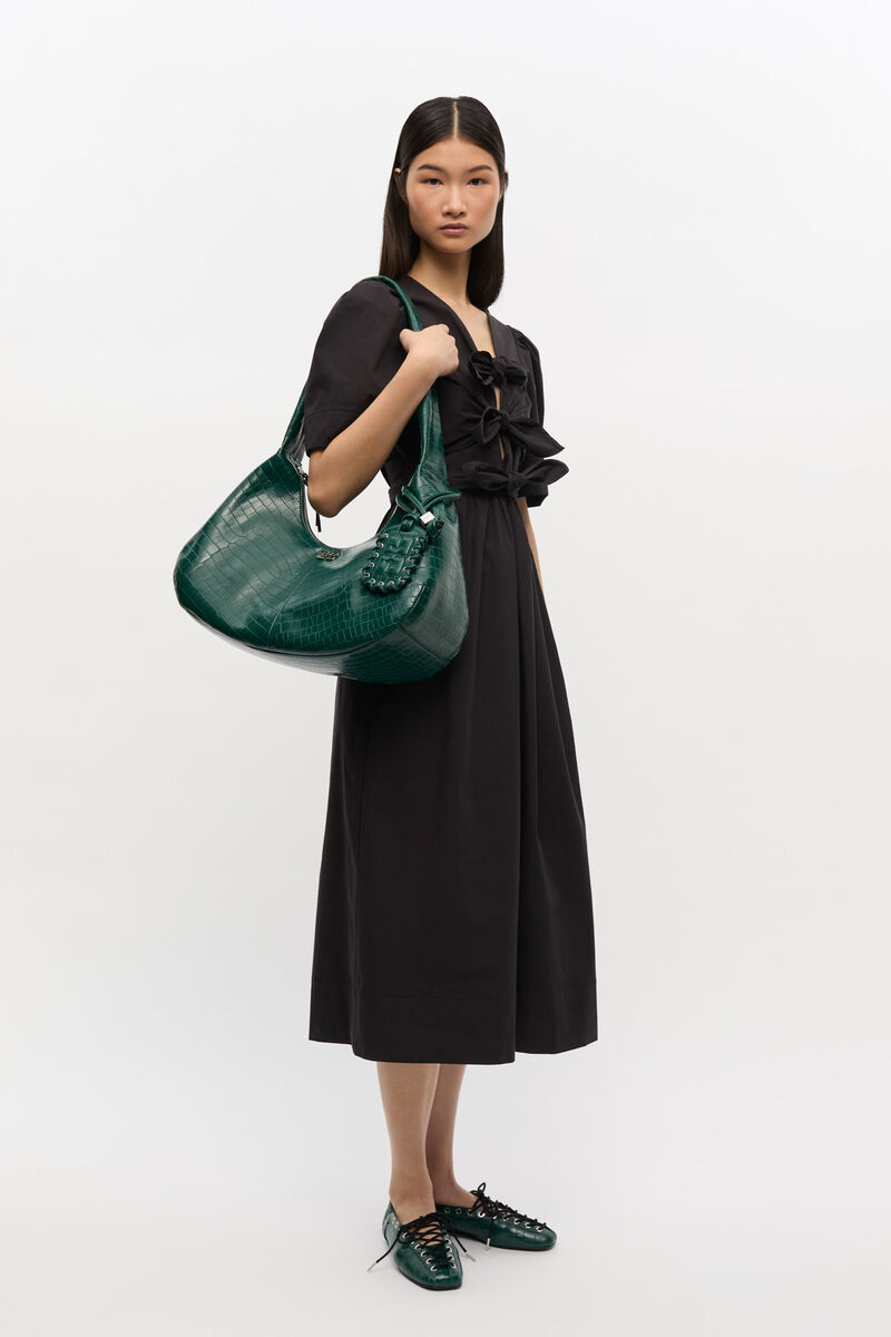 Sac Hobo moyen en croco vert, Lyocell, in colour Pineneedle - 1 - GANNI