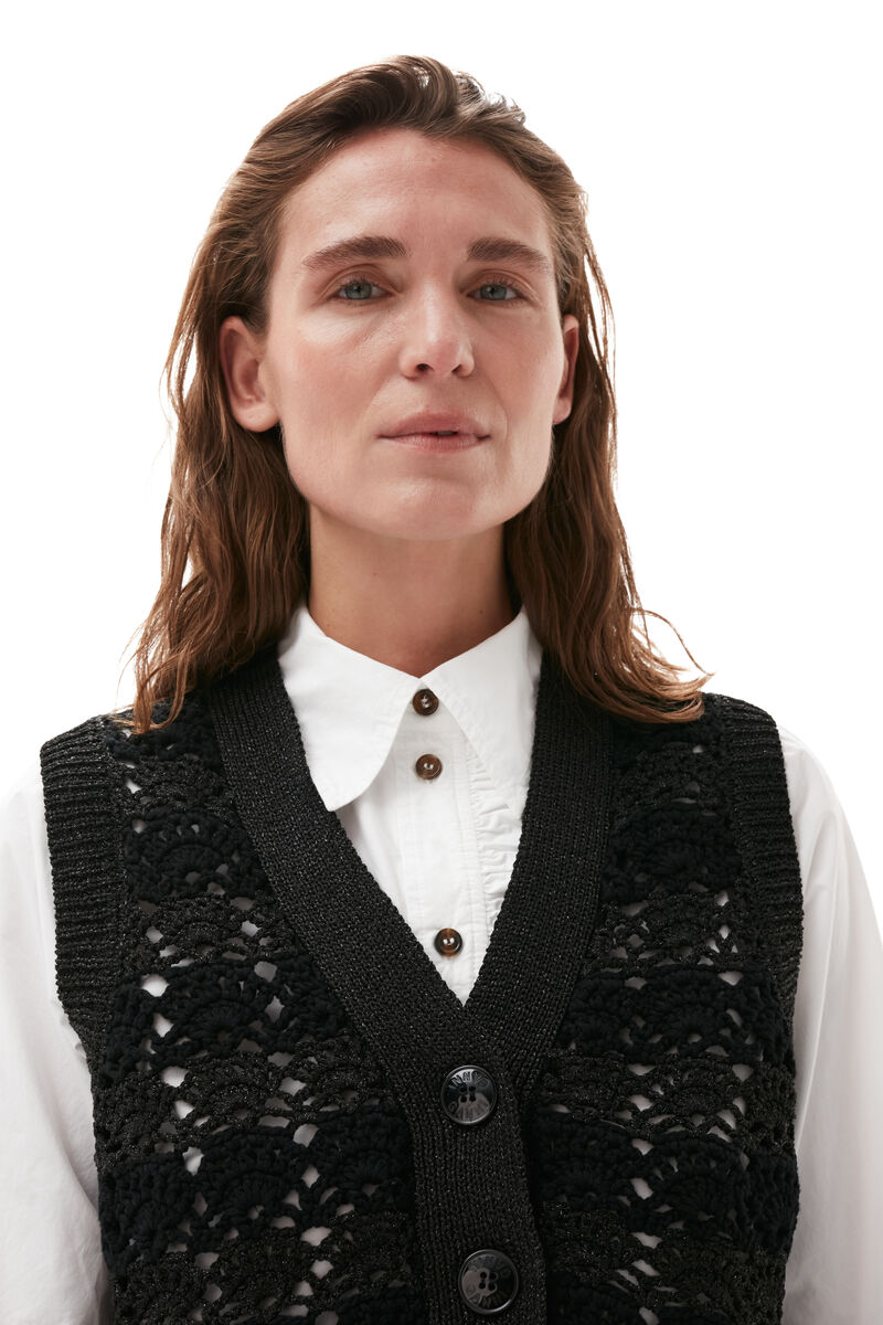 Cropchet V-neck Vest, Nylon, in colour Black - 4 - GANNI