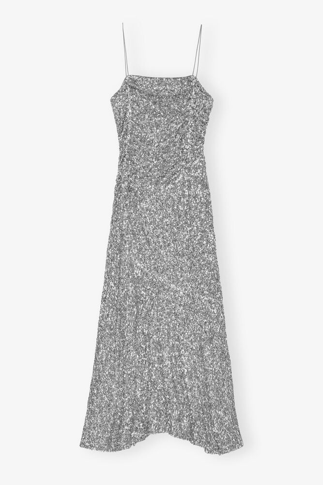 3D Paljett Lång Slipklänning, Silver