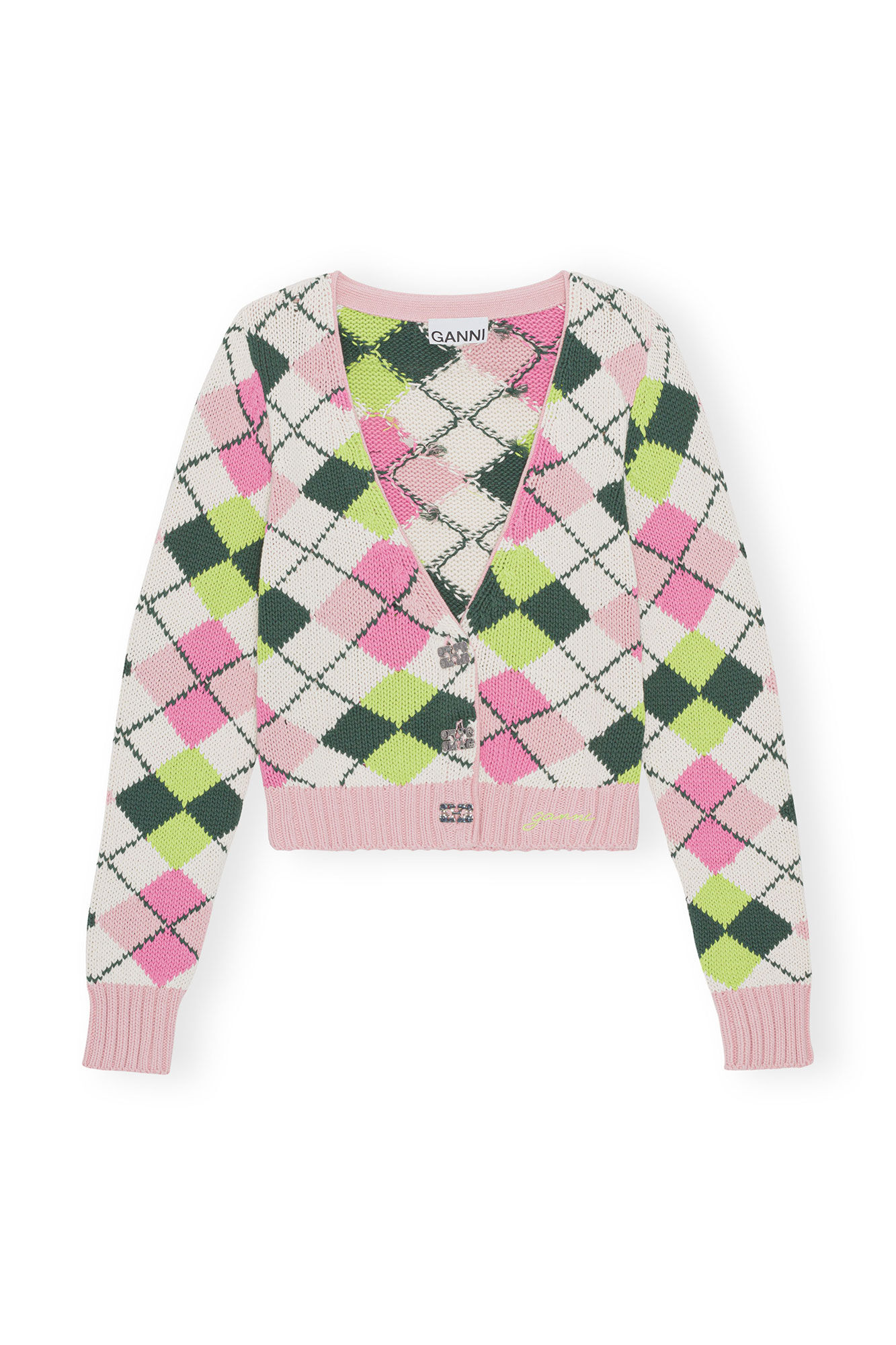 Graphic Cotton V-neck Cardigan, Cotton, in colour Multicolour - 1 - GANNI