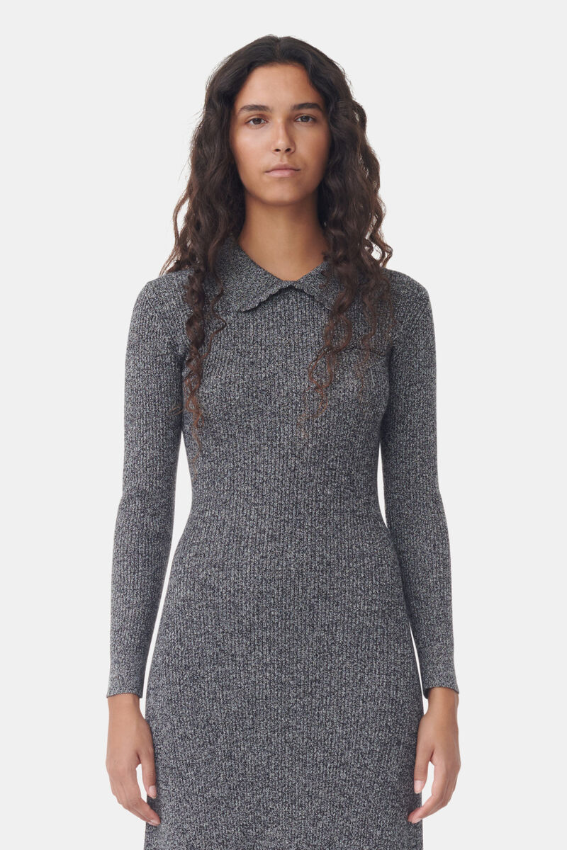 Grey Collar Maxi Dress, Cashmere, in colour Ebony Melange - 4 - GANNI