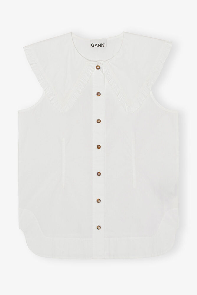 Cotton Poplin Sleeveless Frill Collar Shirt, Bright White