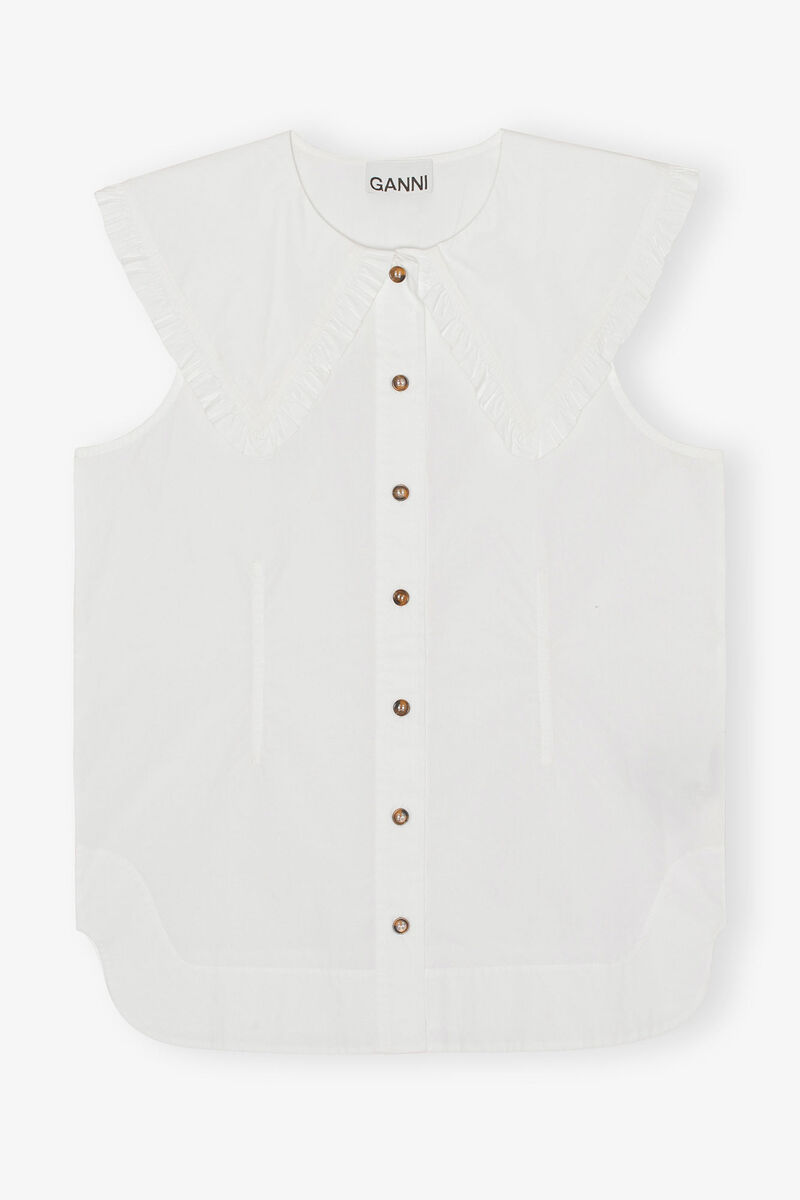 Cotton Poplin Sleeveless Frill Collar Shirt, Cotton, in colour Bright White - 1 - GANNI