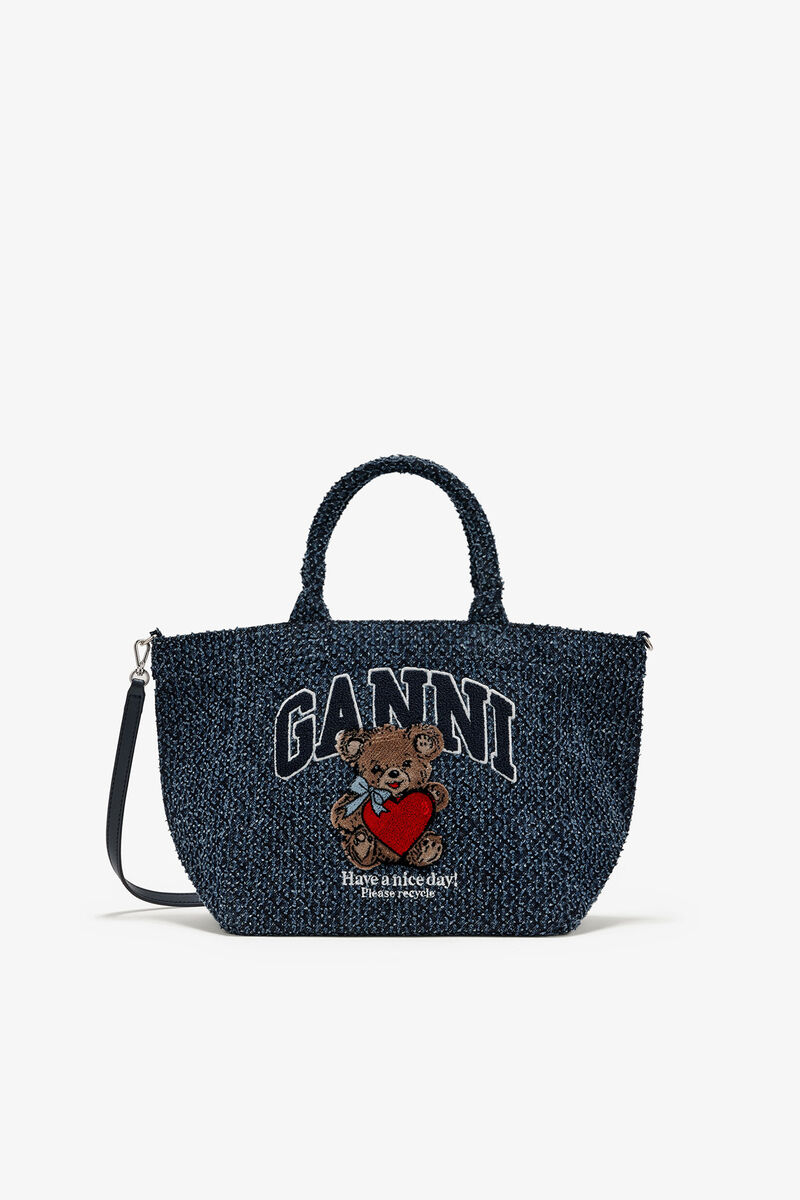 Tweed Denim Small Bear Tote, Organic Cotton, in colour Rinse - 1 - GANNI