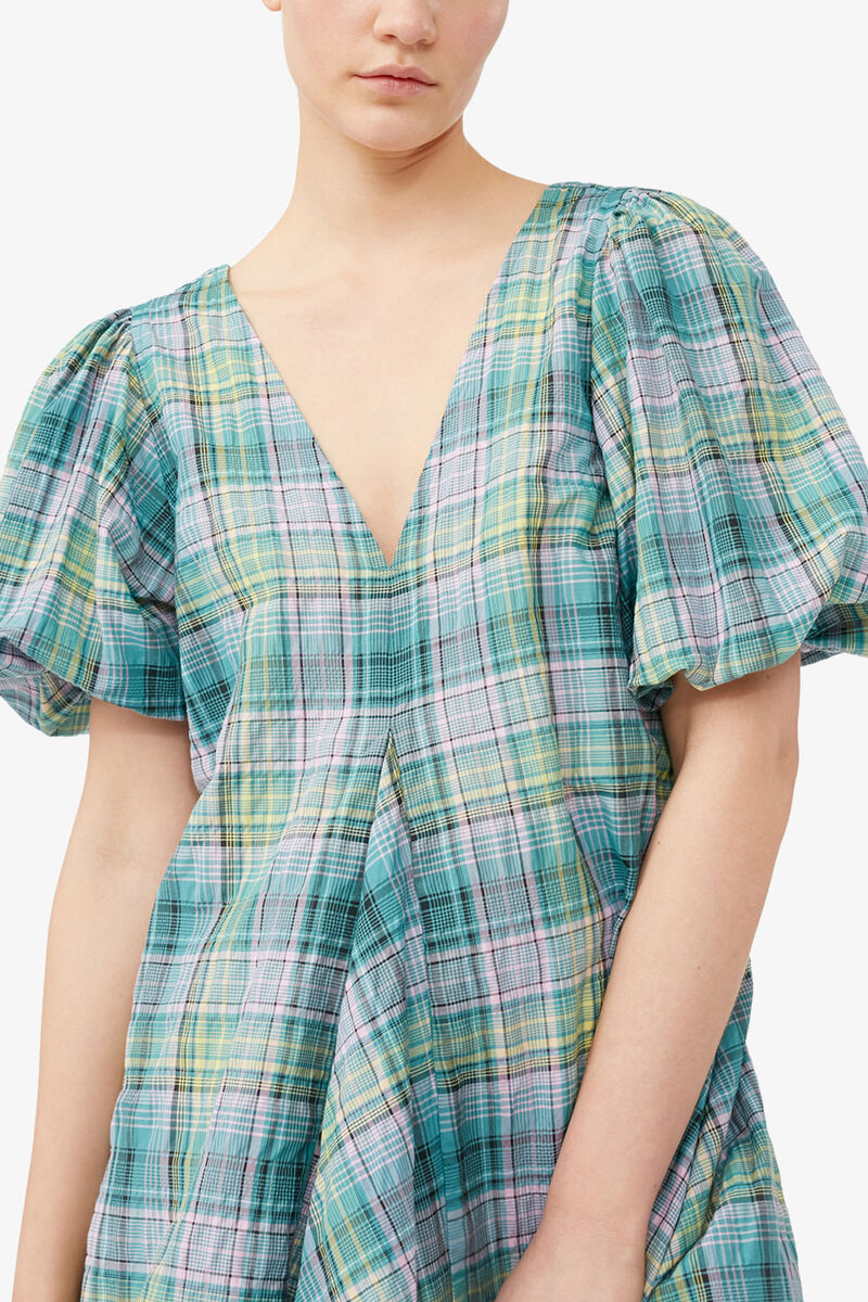 Seersucker Check V-Neck Mini Dress, Organic Cotton, in colour Lagoon - 4 - GANNI