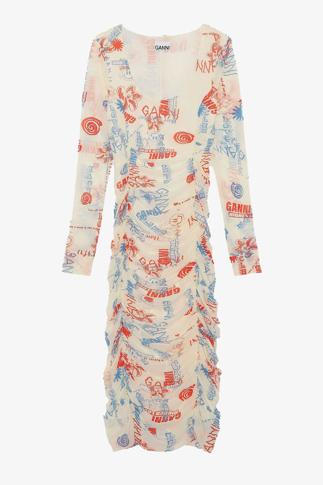 Ruched Mesh Midi Dress, Egret
