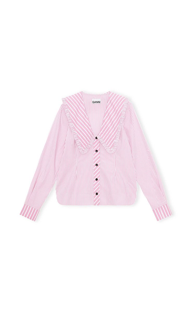 Stripe Cotton V-neck Frill Collar Wide Shirt, Cotton, in colour Moonlight Mauve - 1 - GANNI