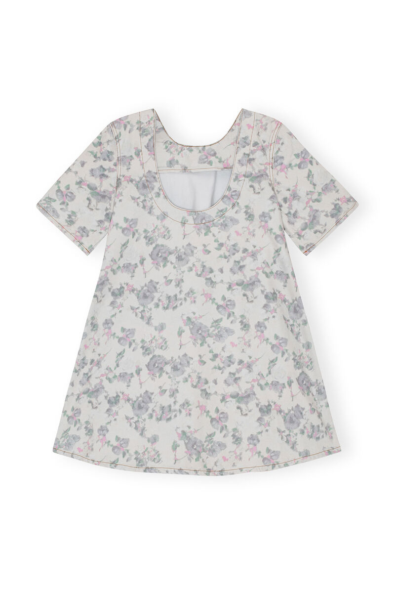 Floral Printed Denim Open Back Mini Dress, Cotton, in colour Tofu - 2 - GANNI