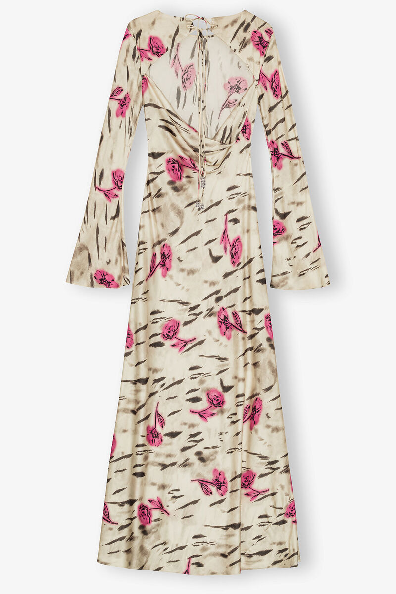 Floral Satin Maxi Dress, Elastane, in colour Egret - 2 - GANNI